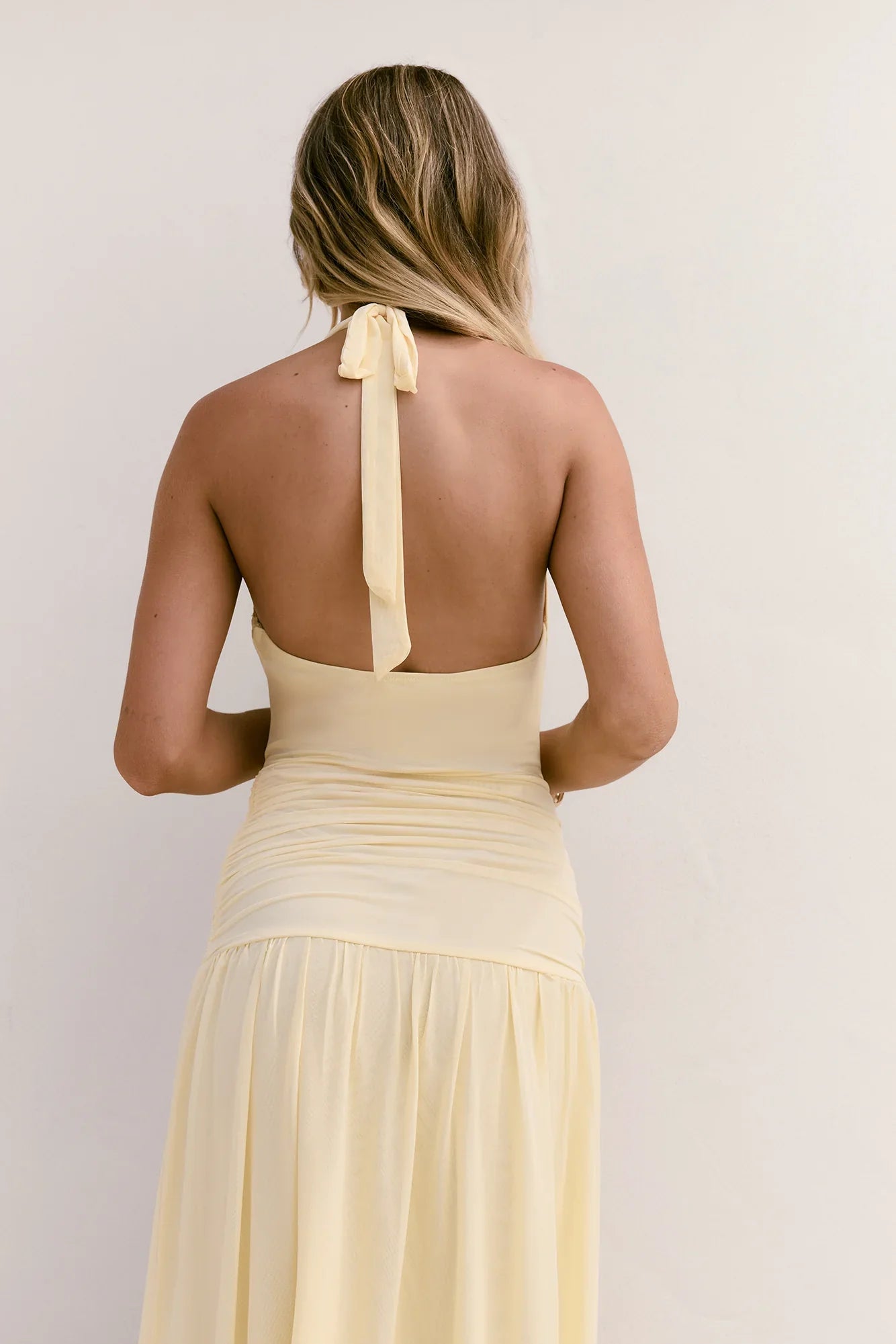 Dancing Skies Mesh Halter Maxi Dress Yellow