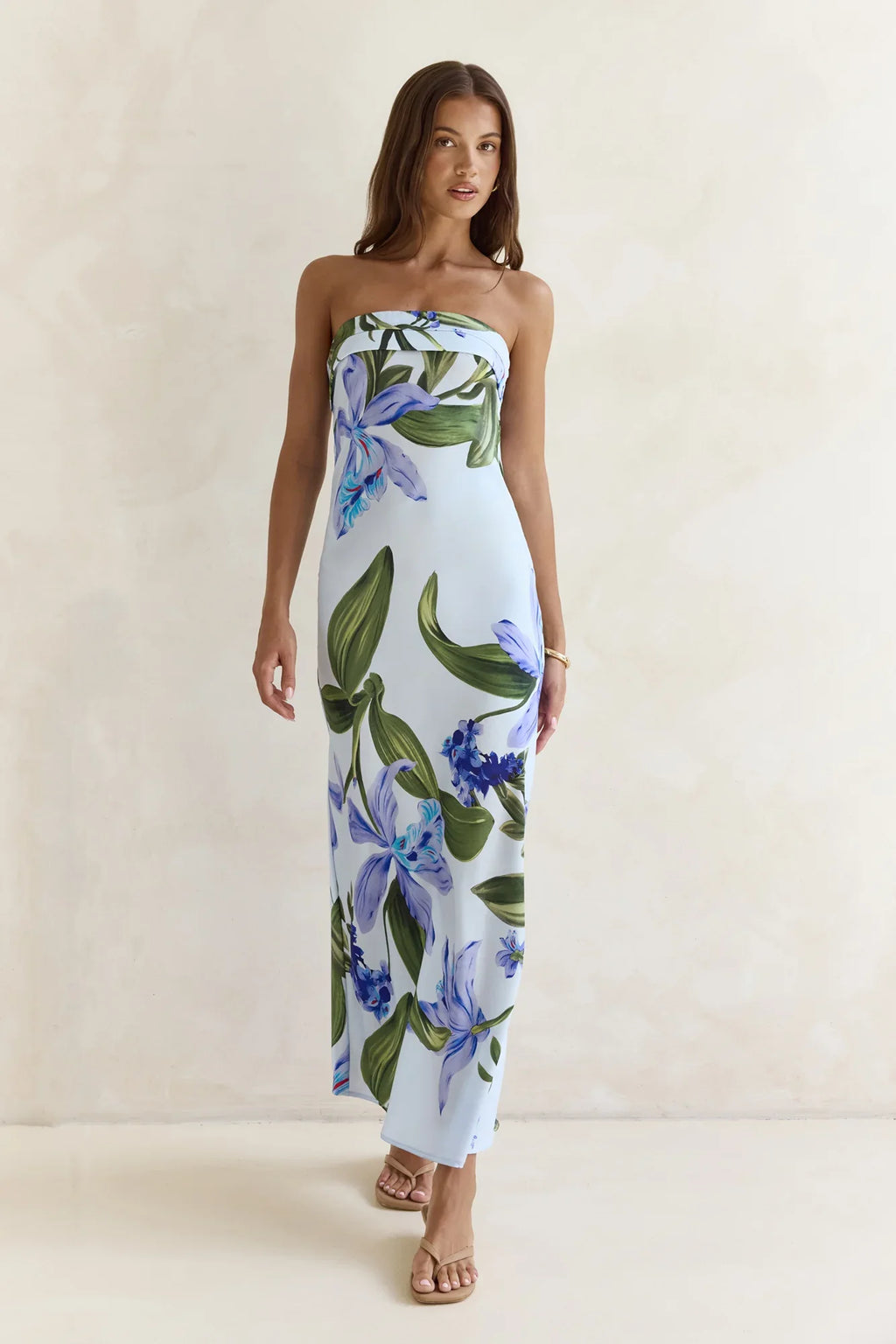 Bells Of Spring Satin Strapless Maxi Dress Blue