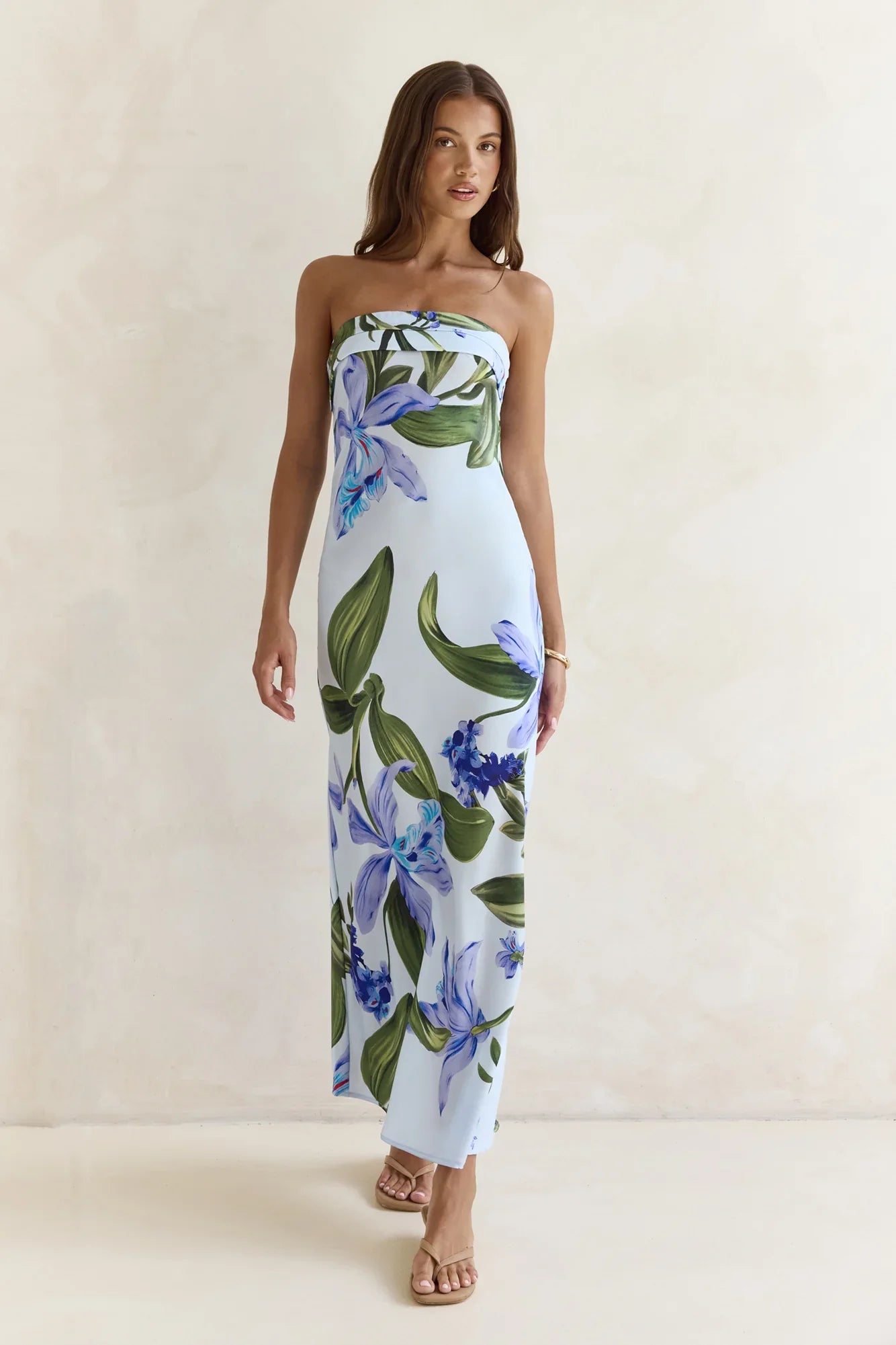 Bells Of Spring Satin Strapless Maxi Dress Blue