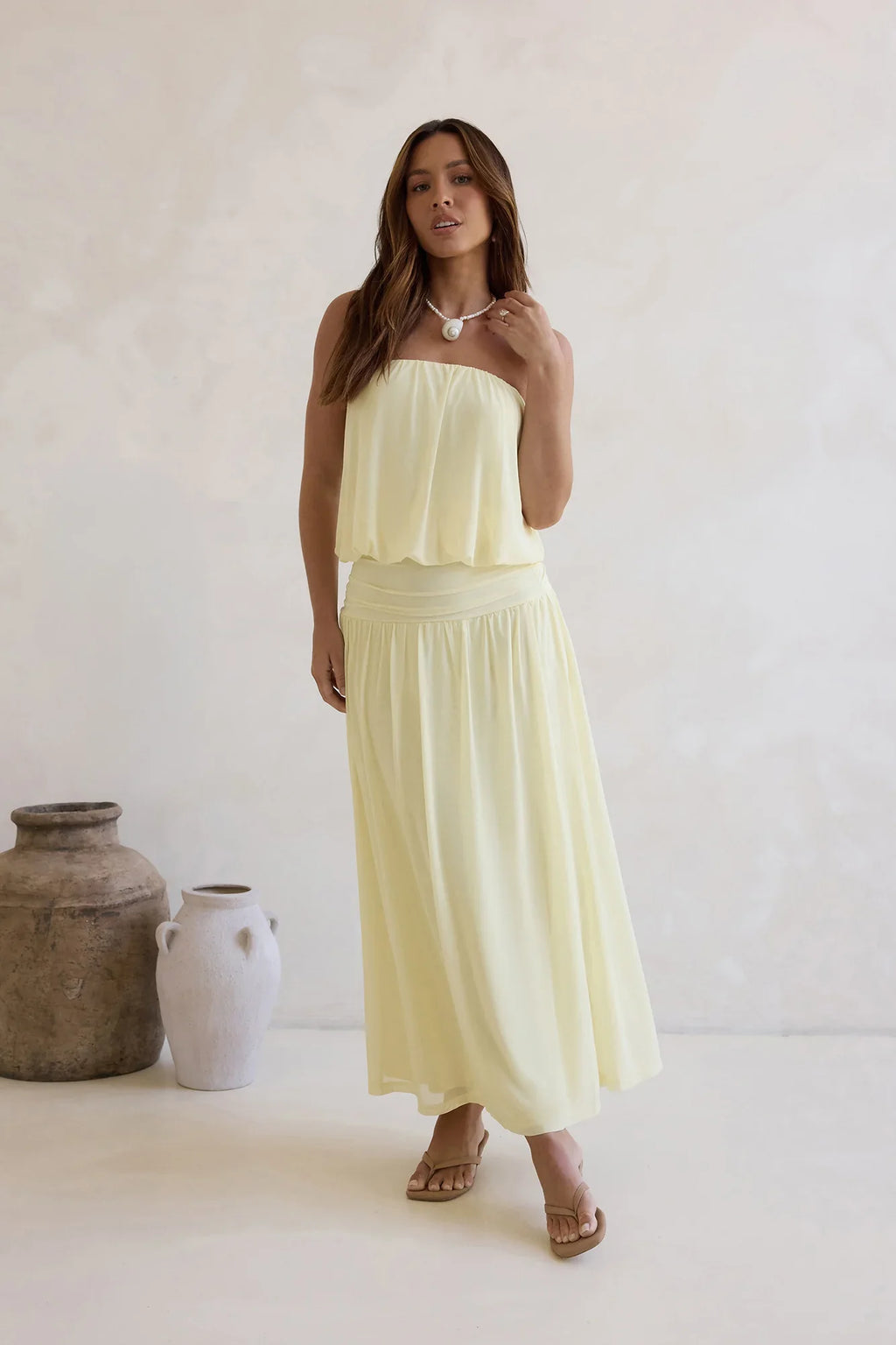 Calling Me Mesh Strapless Maxi Dress Yellow