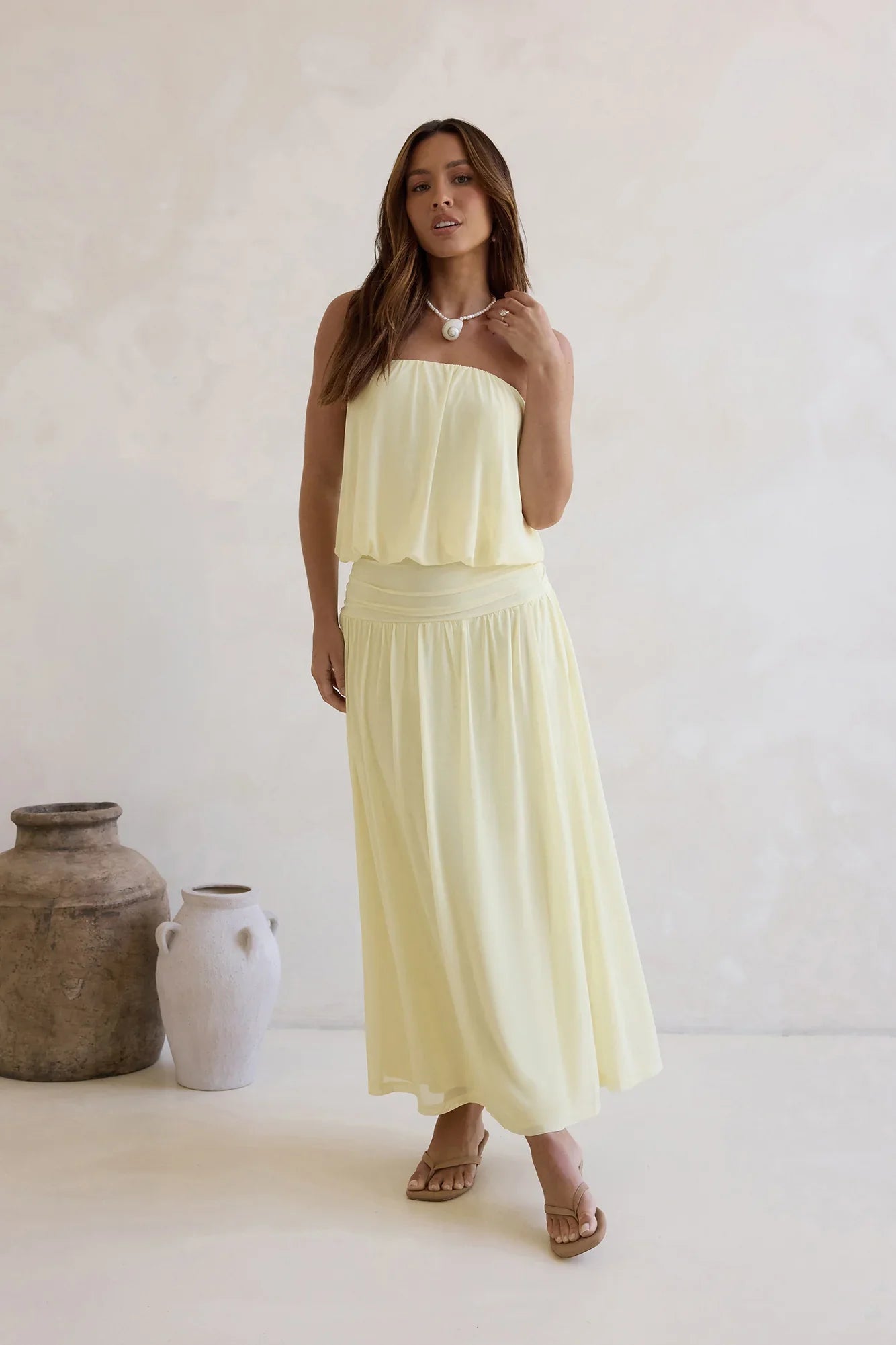 Calling Me Mesh Strapless Maxi Dress Yellow