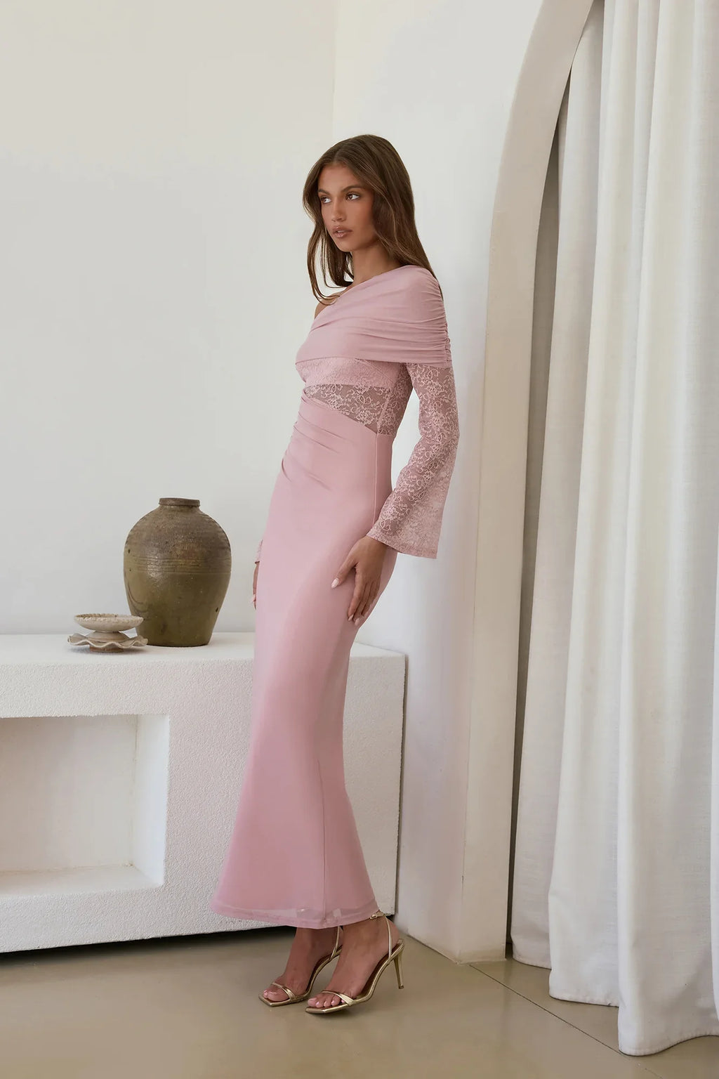 Camille Off Shoulder Mesh Maxi Dress Pink