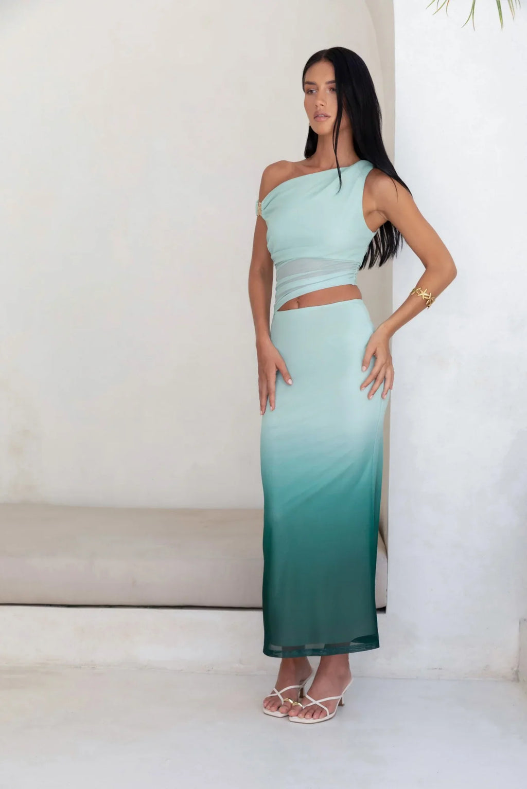 Soft Shades Off The Shoulder Mesh Maxi Dress Green