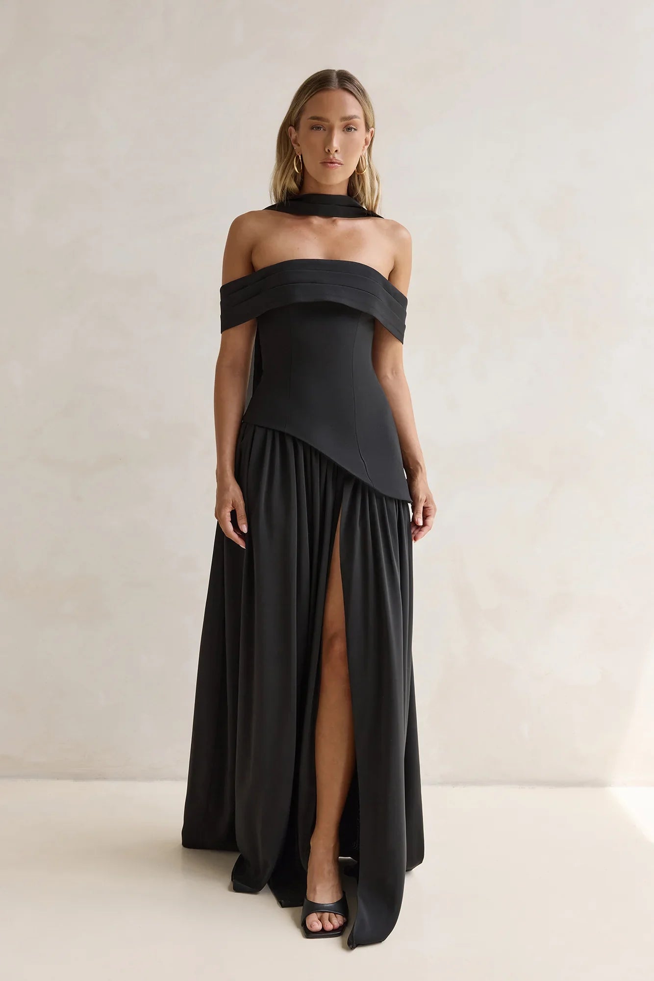 Midnight Elegance Off Shoulder Maxi Dress Black