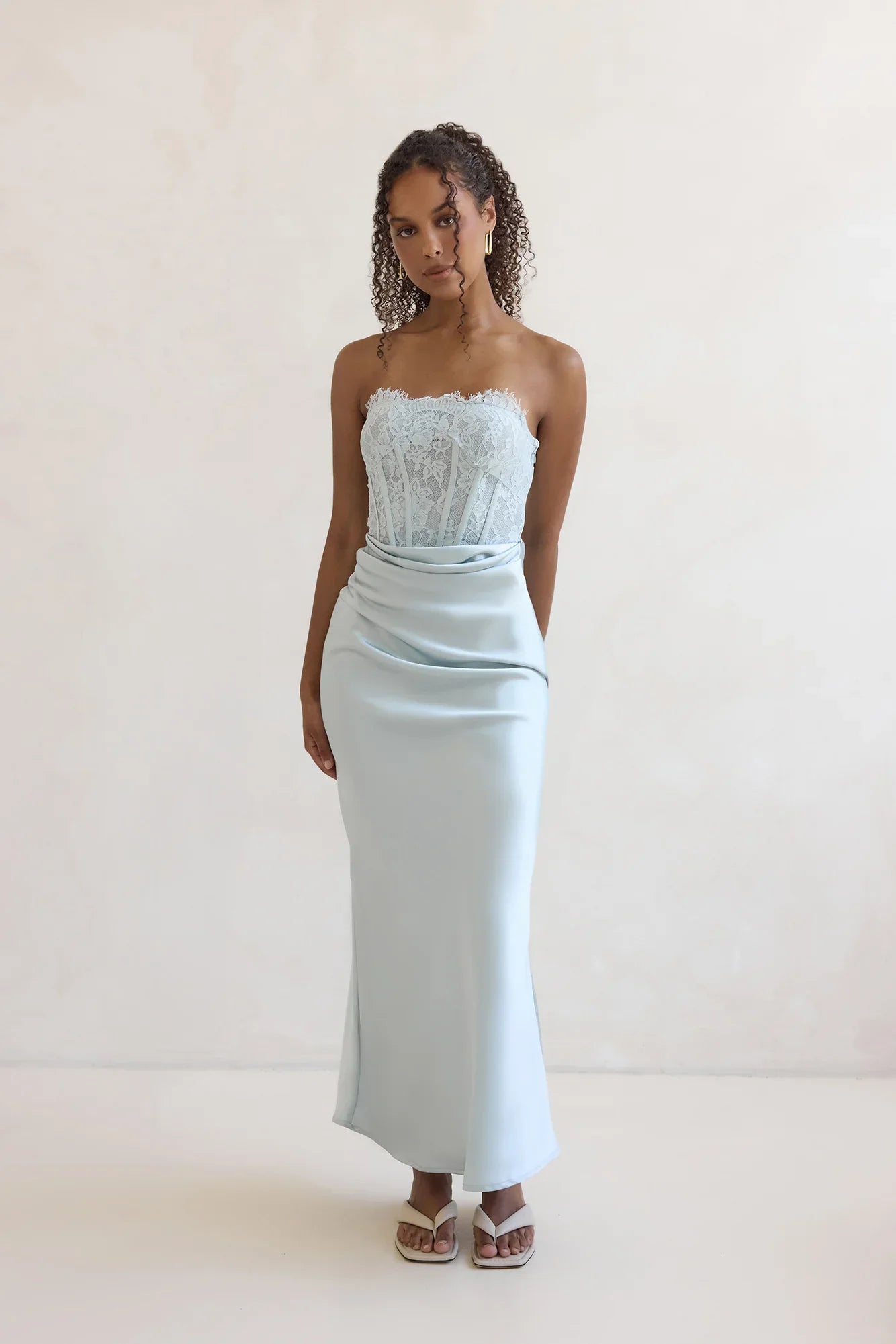 Away With You Satin Lace Strapless Maxi Dress Blue
