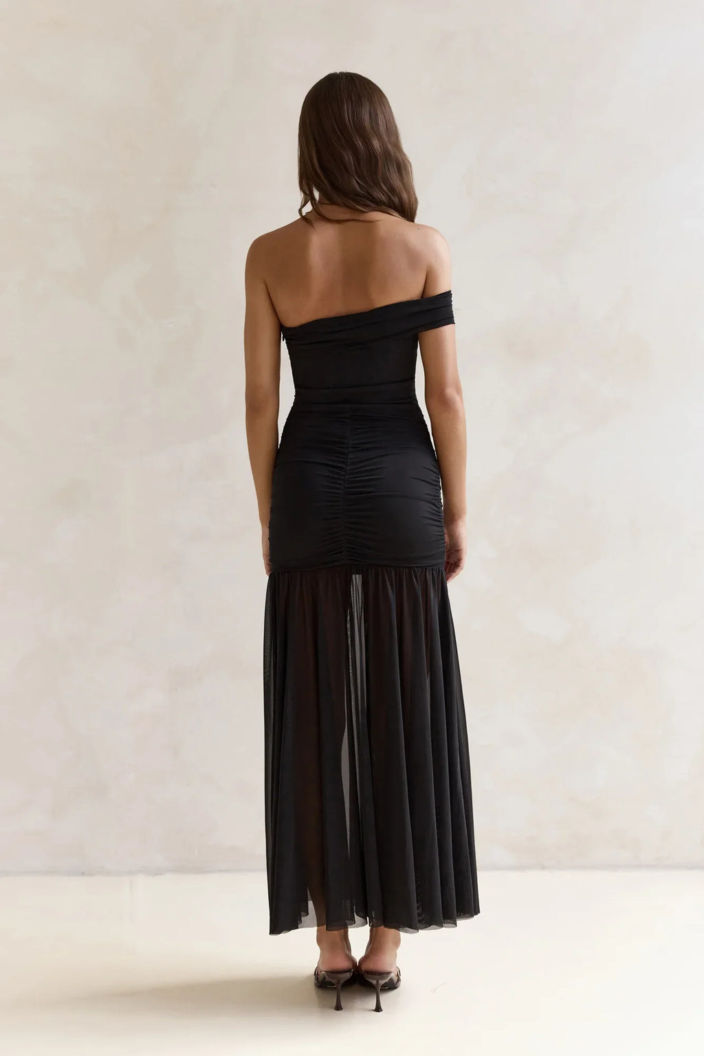 Serene Twilights One Shoulder Mesh Maxi Dress Black