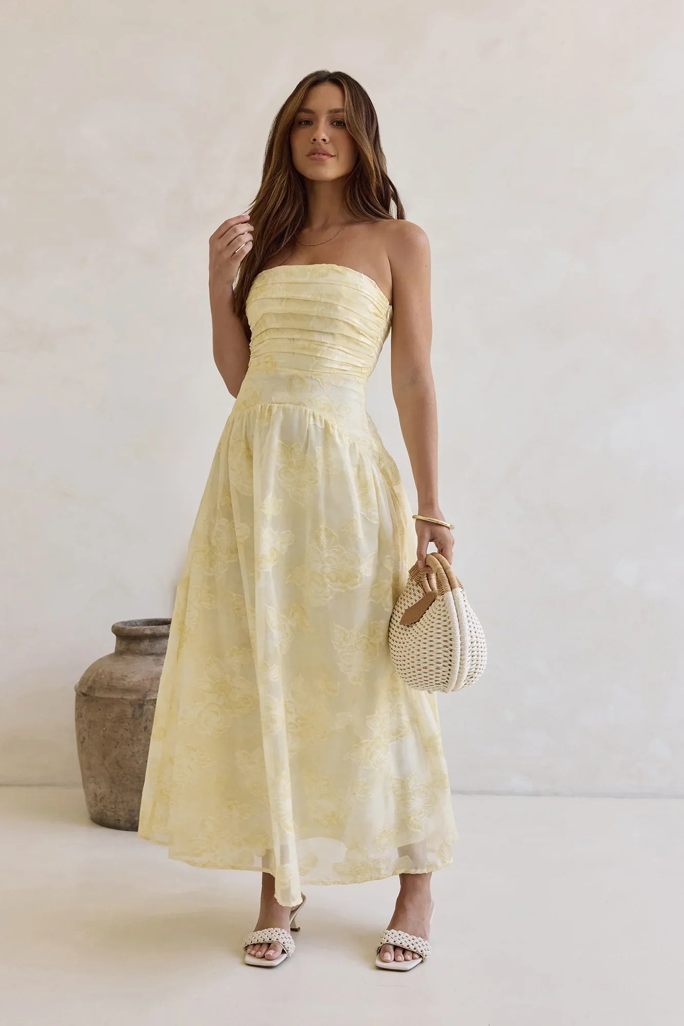 Cloud Kissed Paths Strapless Maxi Dress Yellow