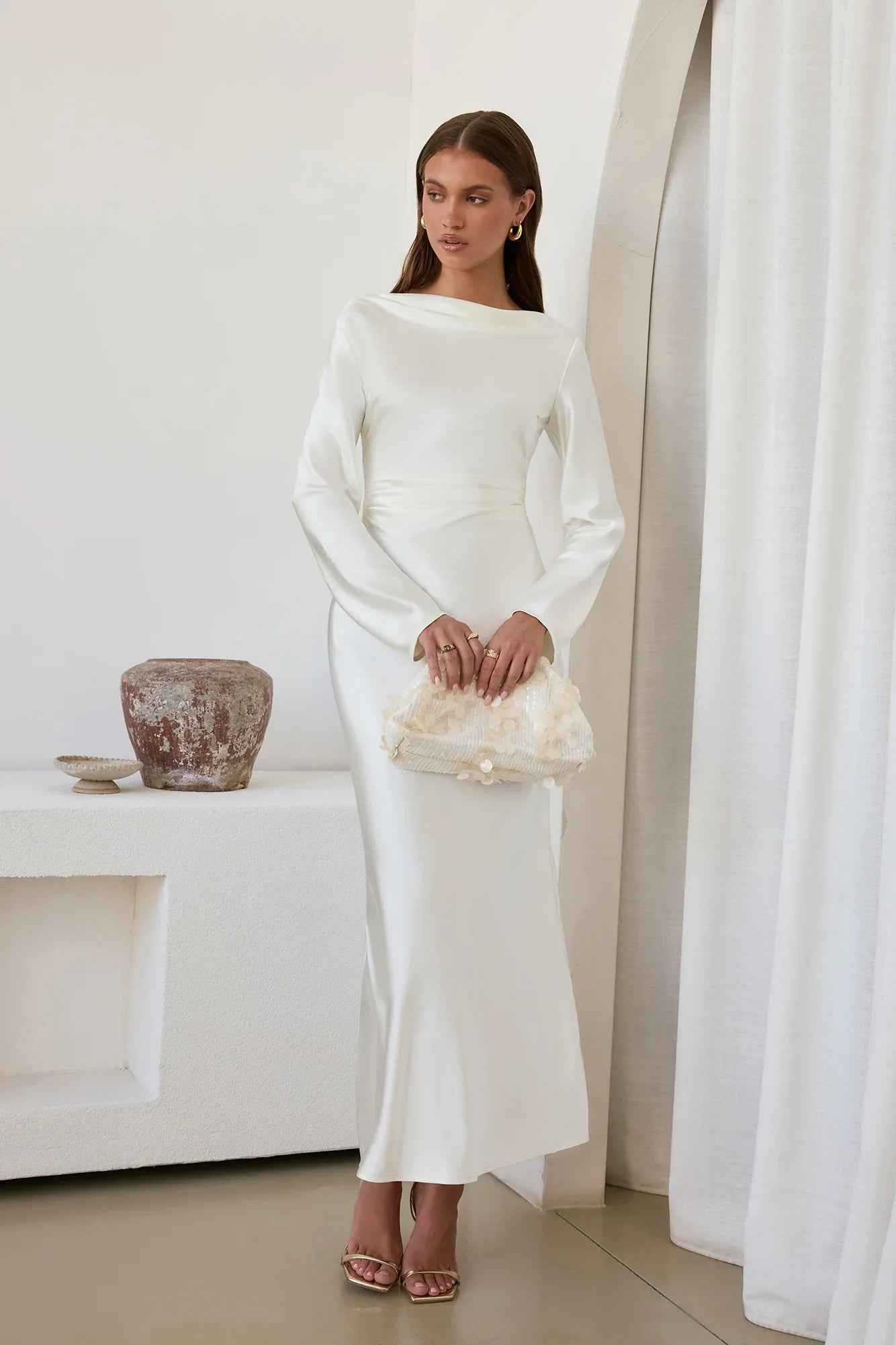 Cross The Skies Satin Long Sleeve Maxi Dress White
