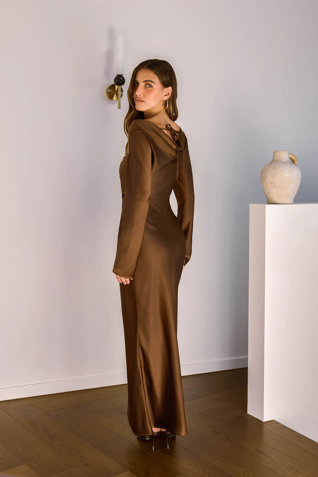 Cross The Skies Satin Long Sleeve Maxi Dress Brown