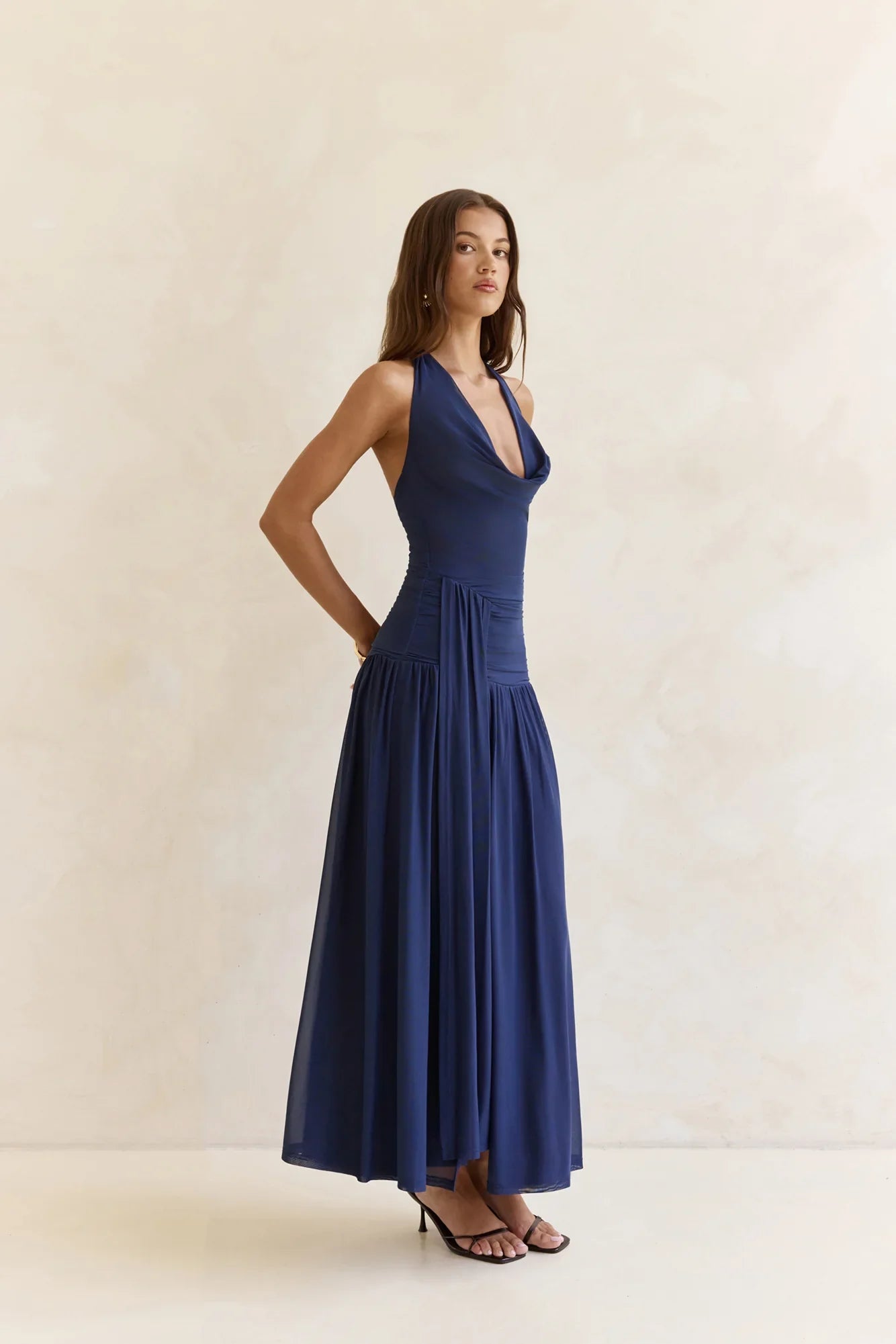 Dancing Skies Mesh Halter Maxi Dress Navy