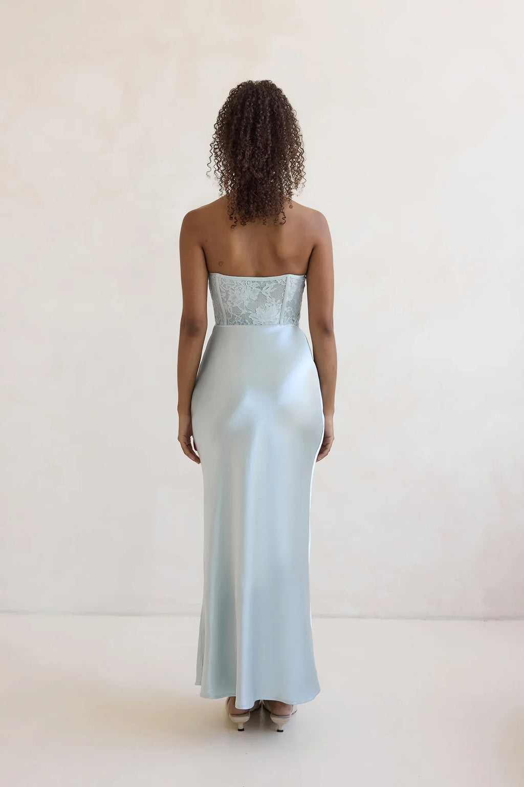 Away With You Satin Lace Strapless Maxi Dress Blue