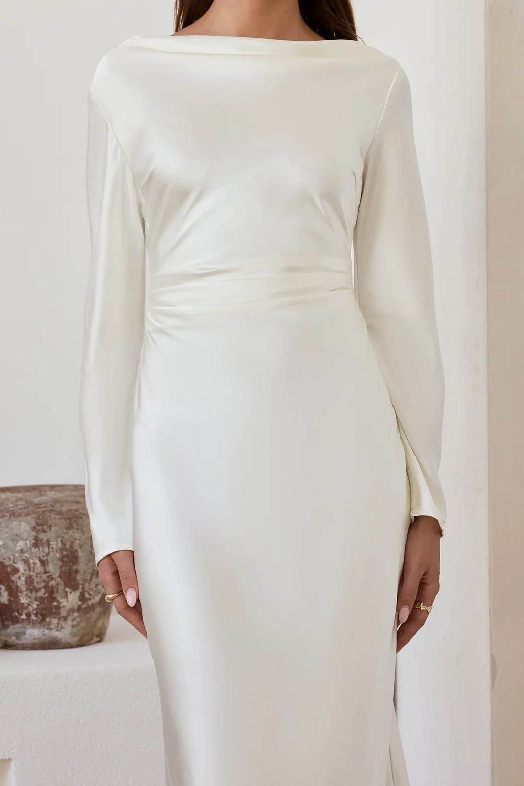 Cross The Skies Satin Long Sleeve Maxi Dress White