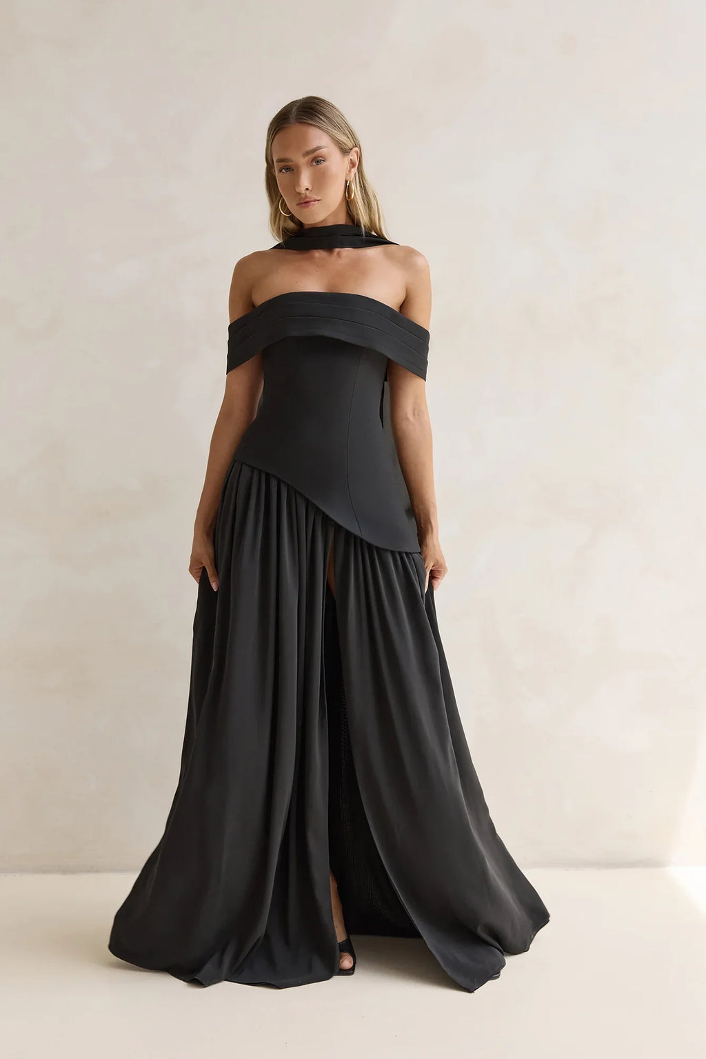 Midnight Elegance Off Shoulder Maxi Dress Black