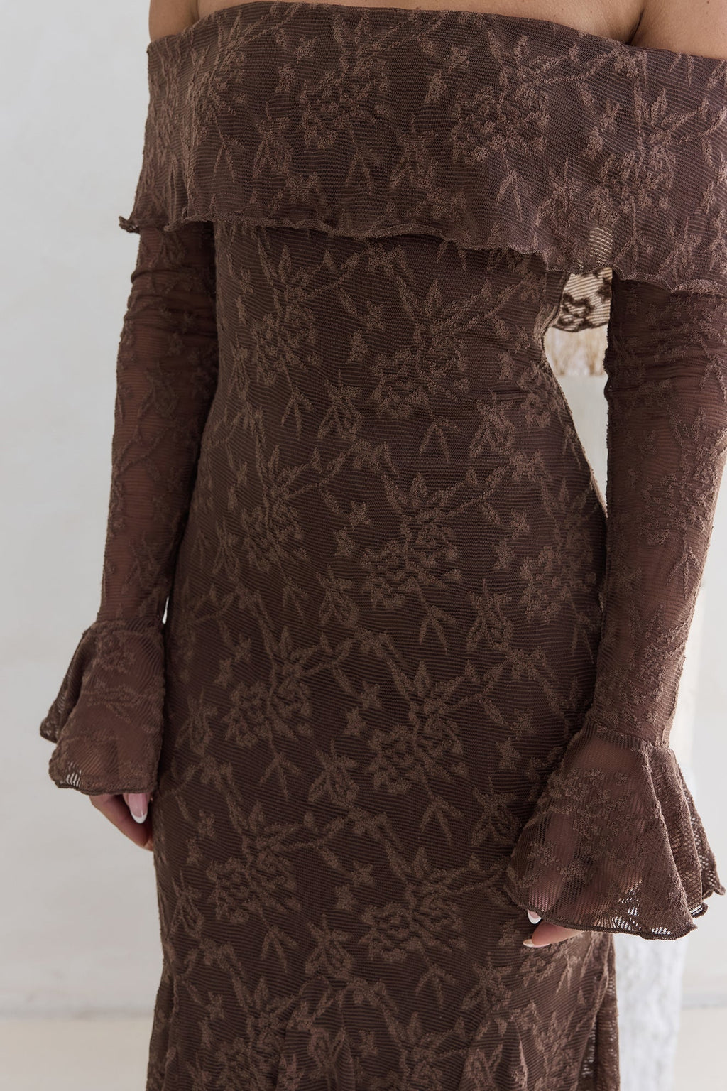 Here For Love Off Shoulder Mesh Maxi Dress Chocolate