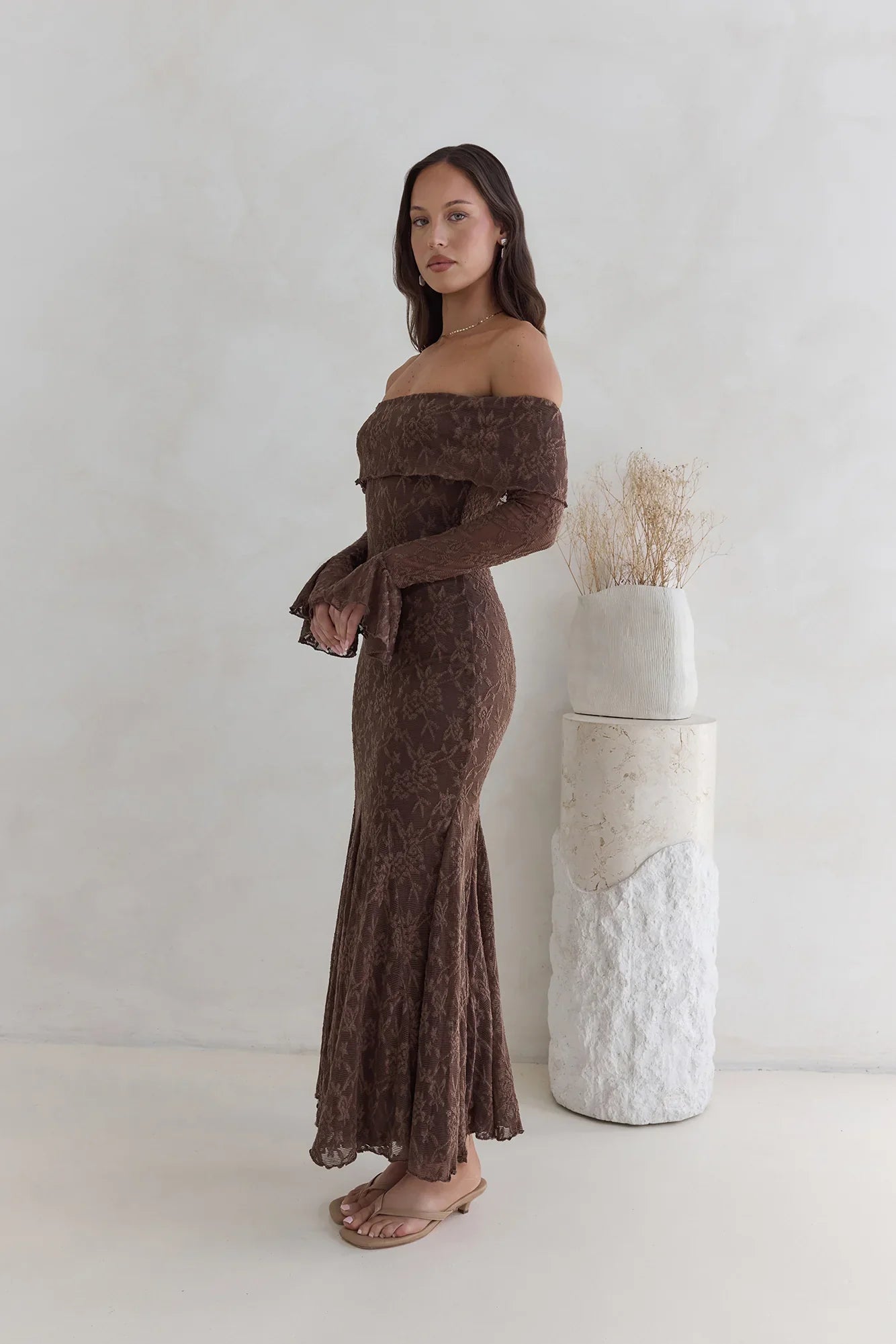 Here For Love Off Shoulder Mesh Maxi Dress Chocolate
