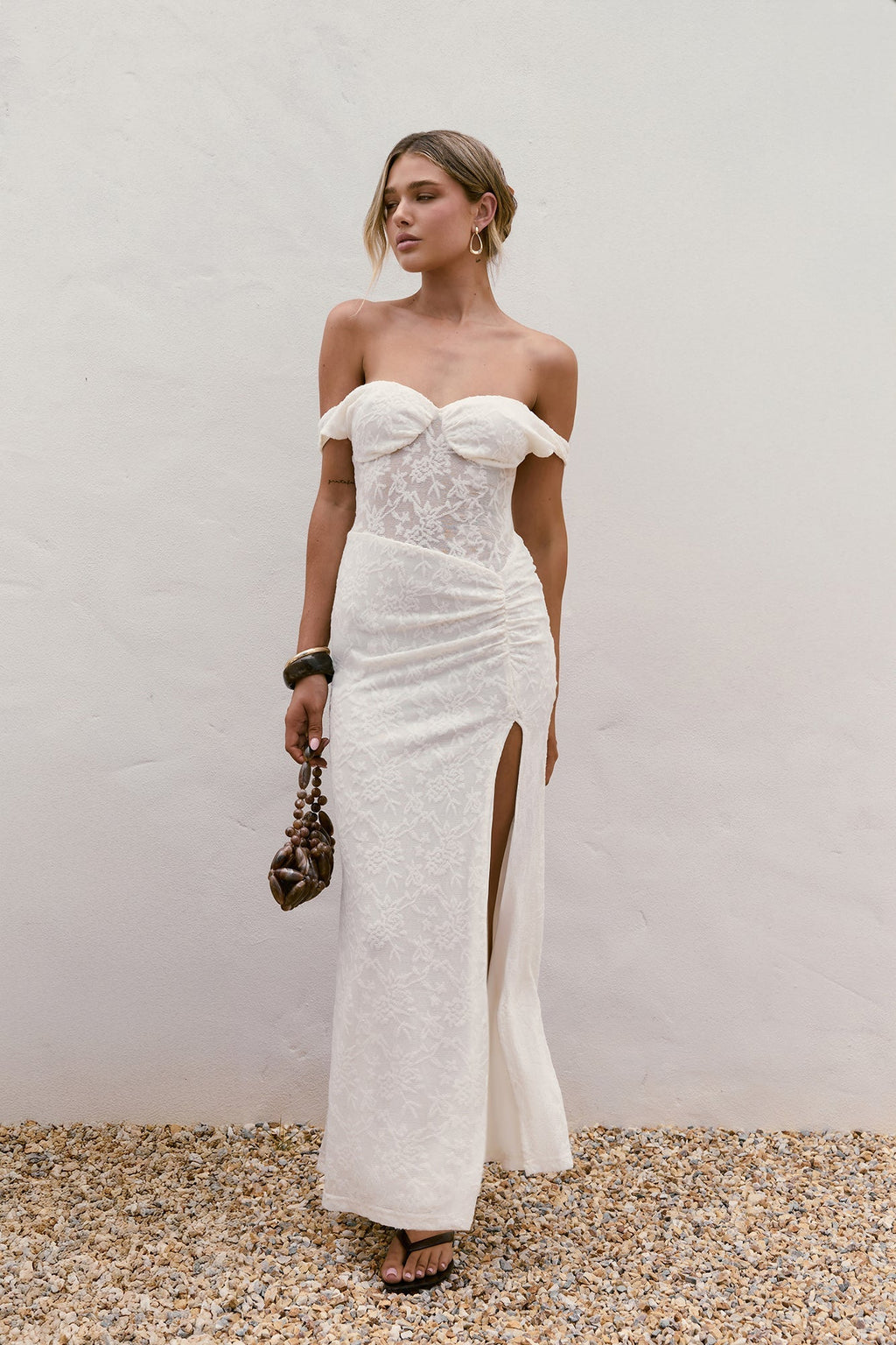 Soft Smiles Off Shoulder Lace Maxi Dress White