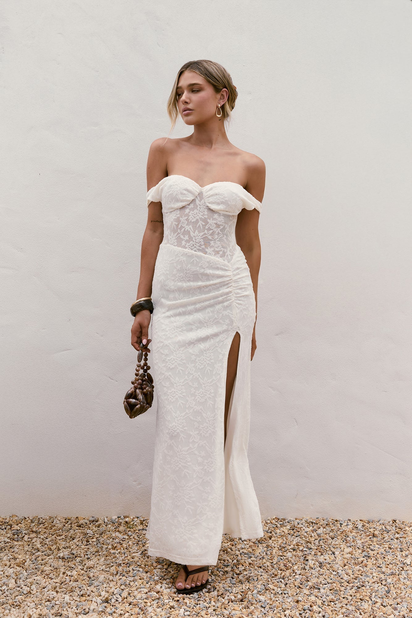 Soft Smiles Off Shoulder Lace Maxi Dress White