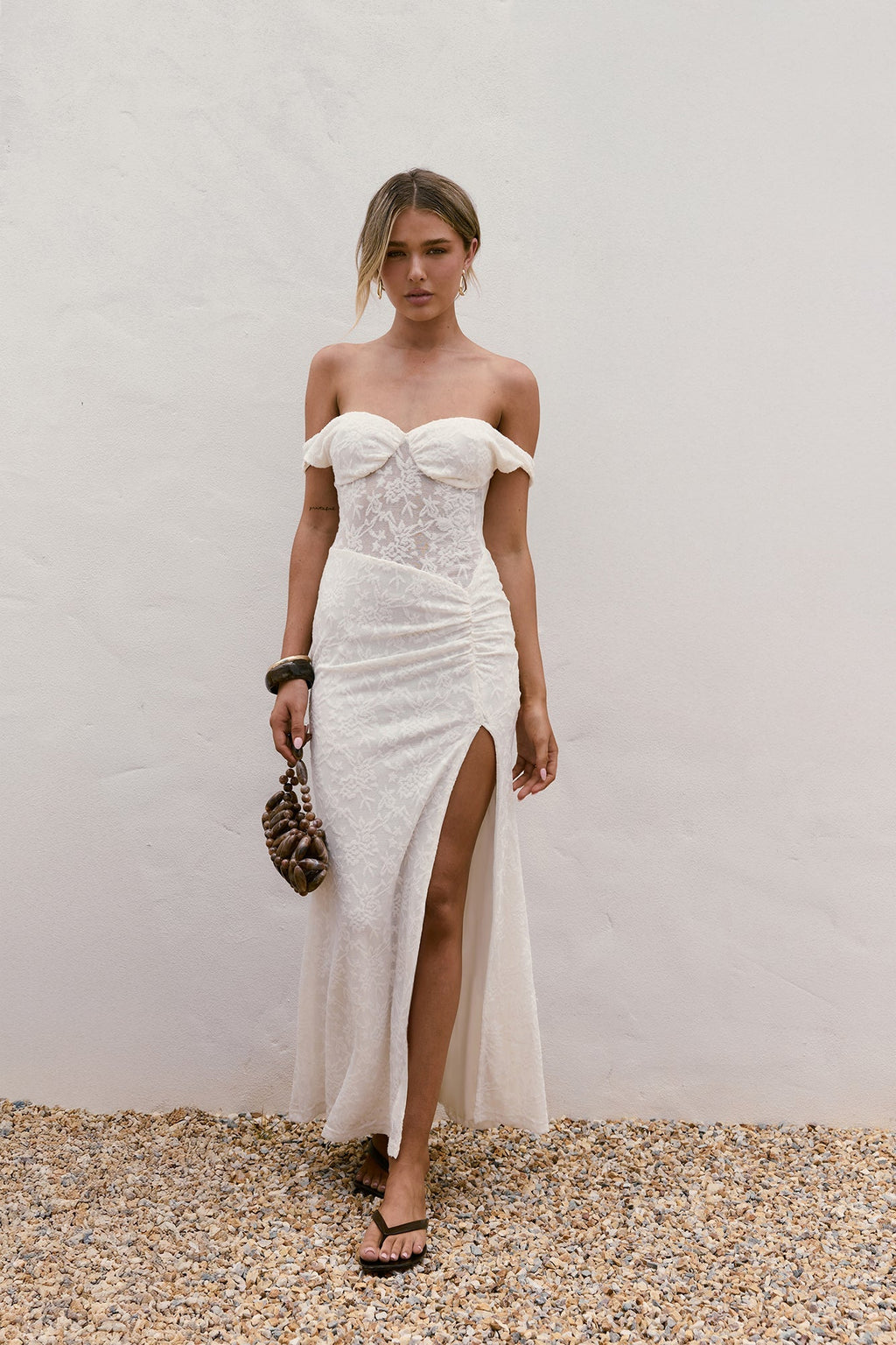 Soft Smiles Off Shoulder Lace Maxi Dress White