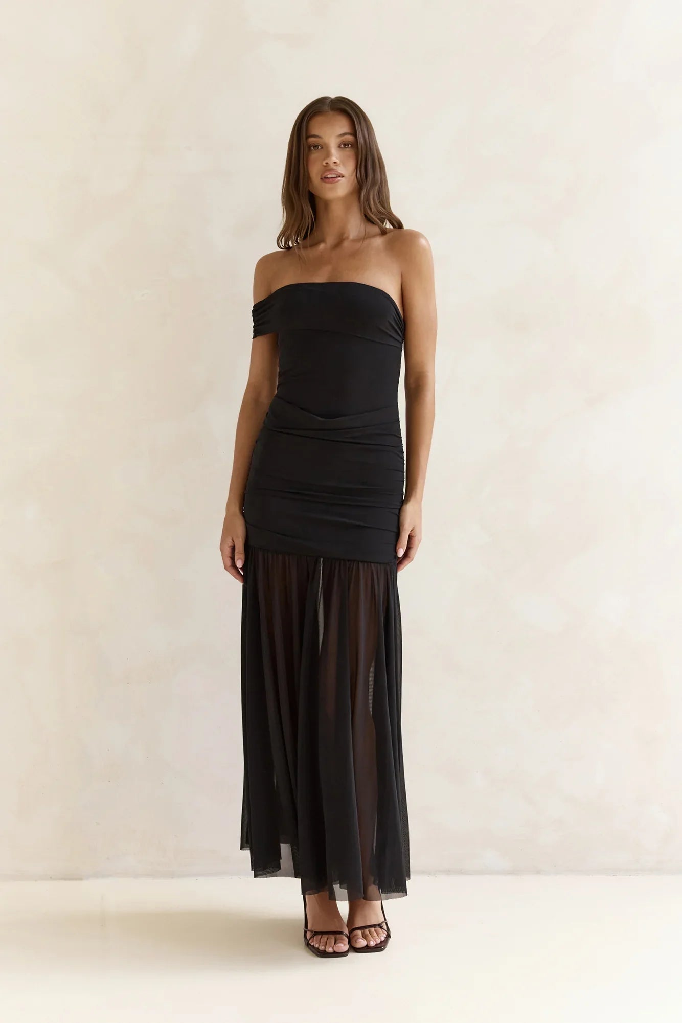 Serene Twilights One Shoulder Mesh Maxi Dress Black