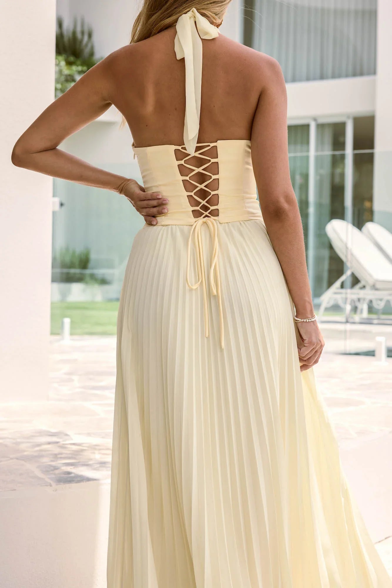 Paradise Falls Plisse Halter Maxi Dress Yellow