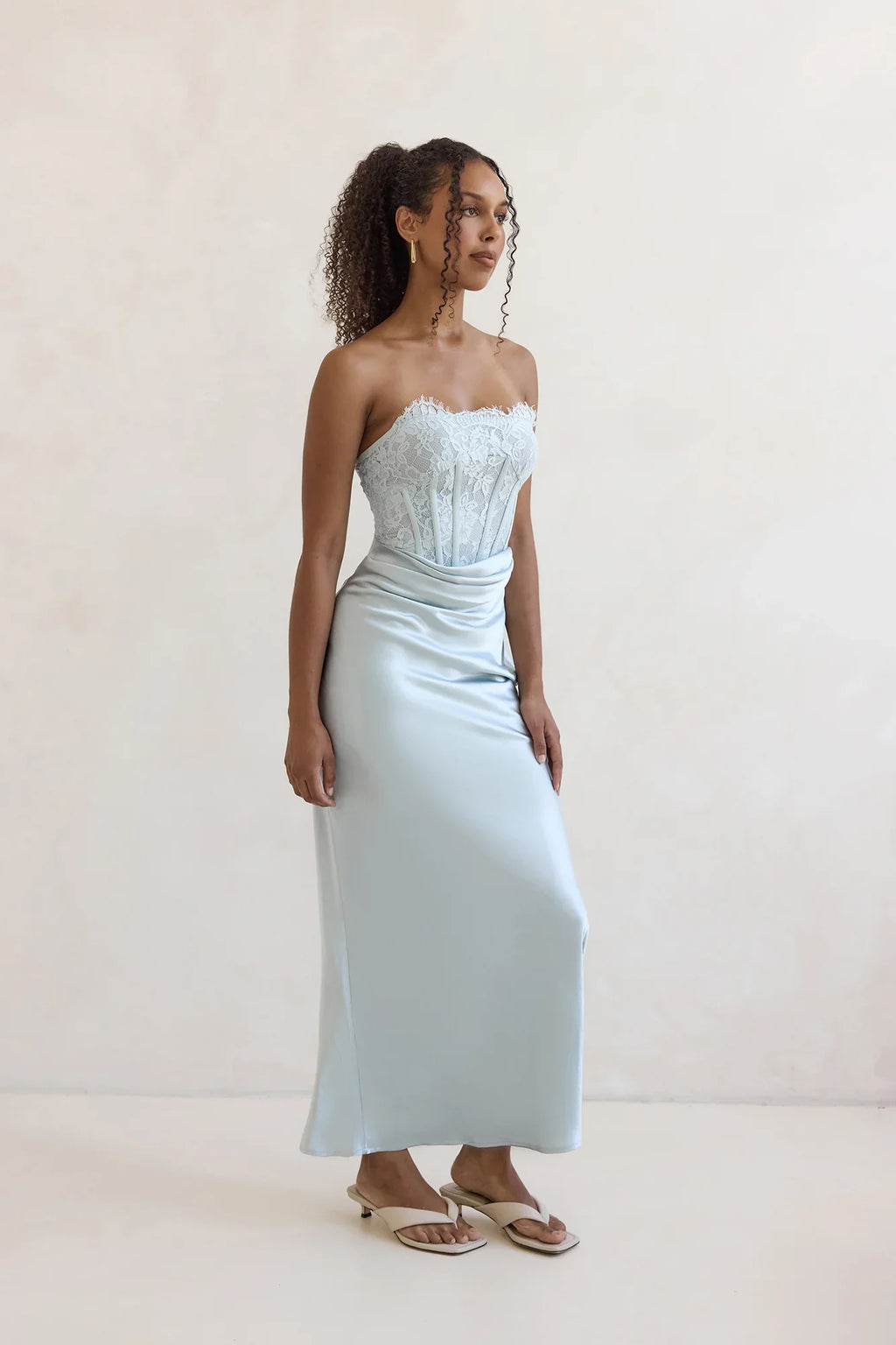 Away With You Satin Lace Strapless Maxi Dress Blue