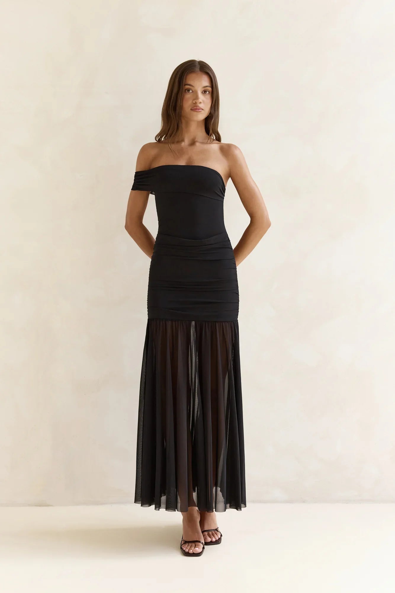 Serene Twilights One Shoulder Mesh Maxi Dress Black