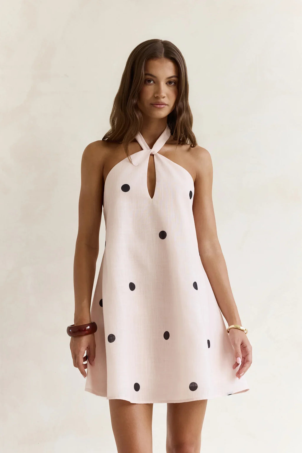 Faith In You Polka Dot Halter Mini Dress Beige