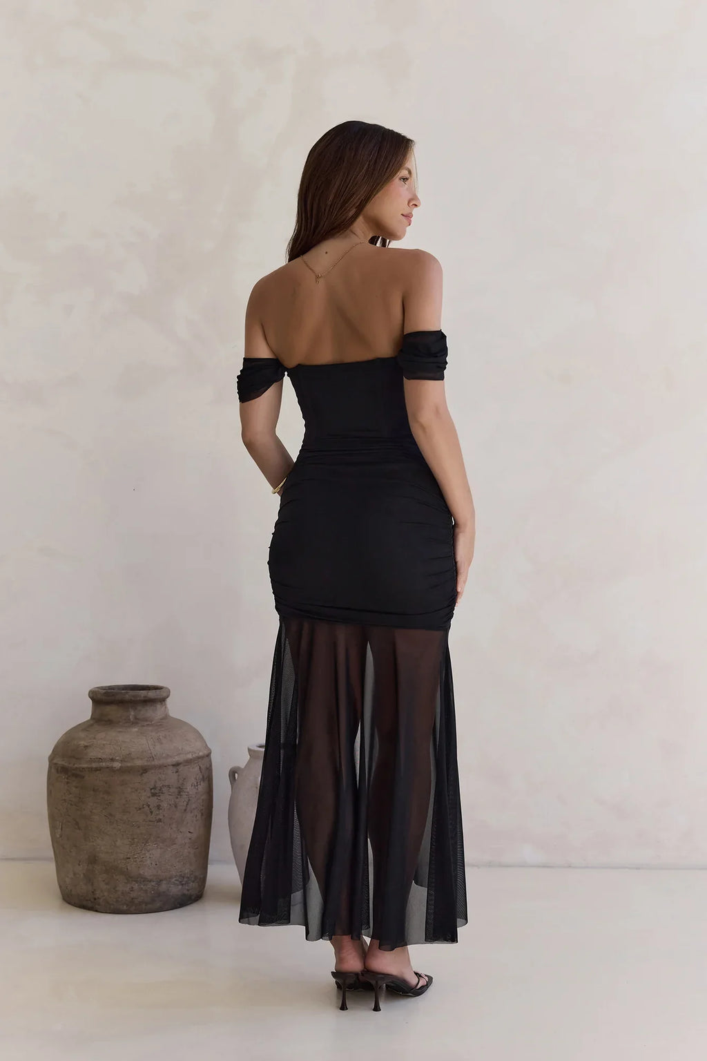Soft Shadows Off Shoulder Mesh Maxi Dress Black