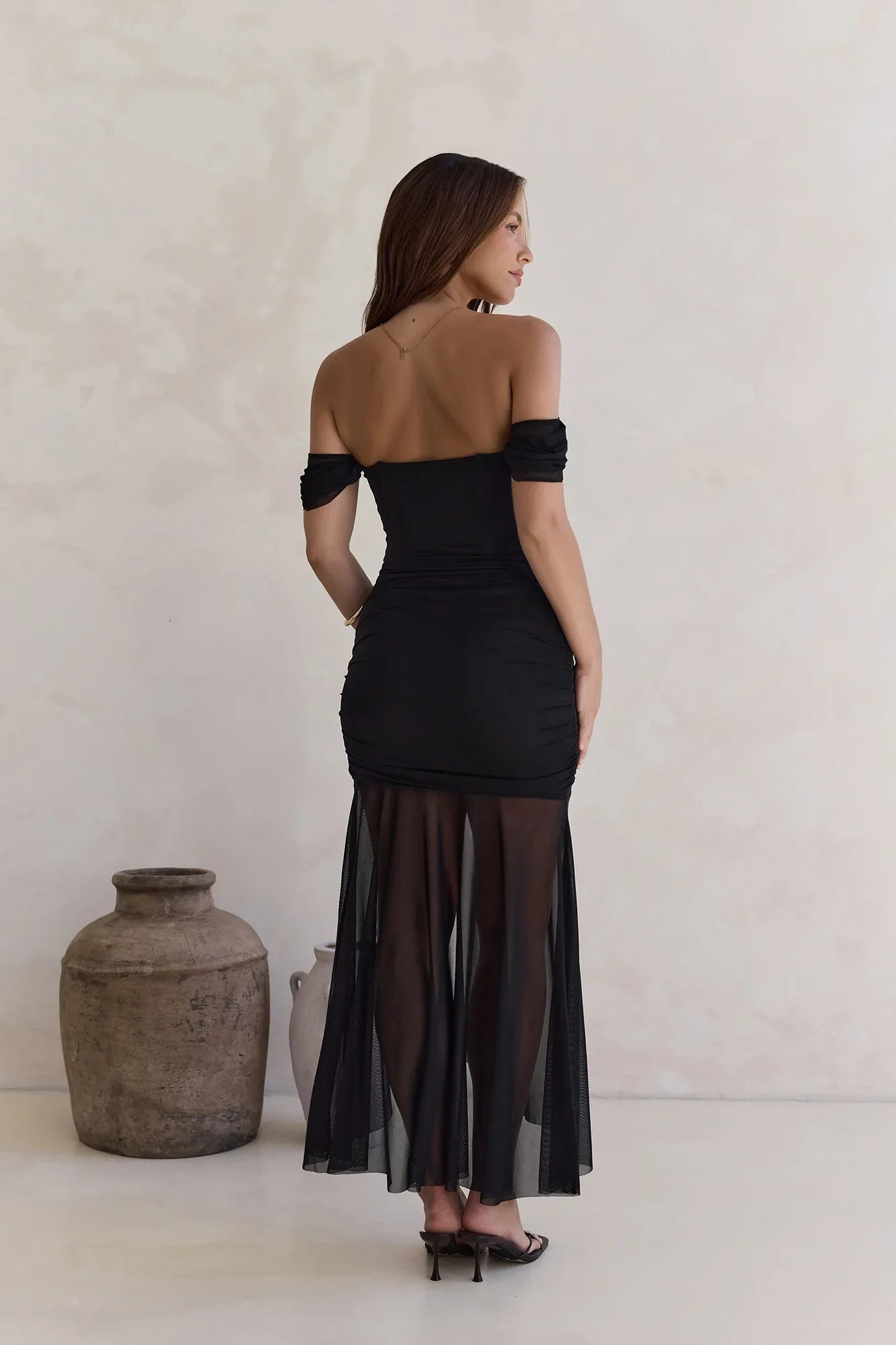 Soft Shadows Off Shoulder Mesh Maxi Dress Black