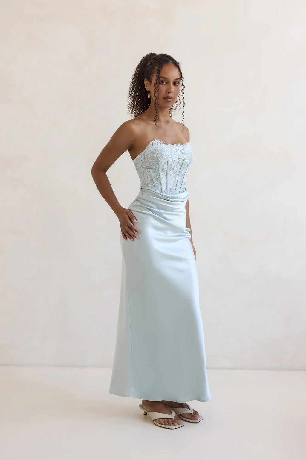Away With You Satin Lace Strapless Maxi Dress Blue