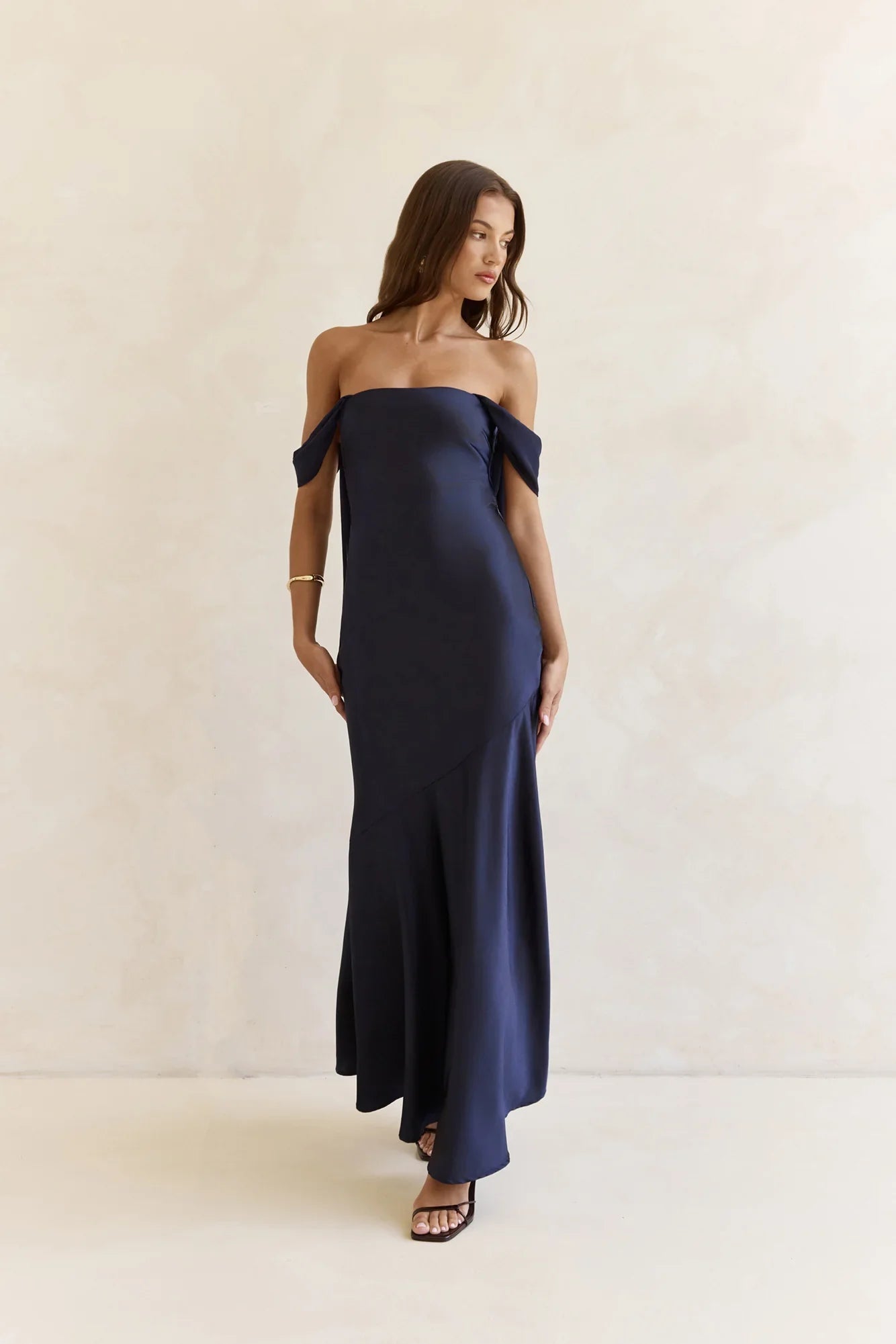 Late Night Dreams Off Shoulder Satin Maxi Dress Navy