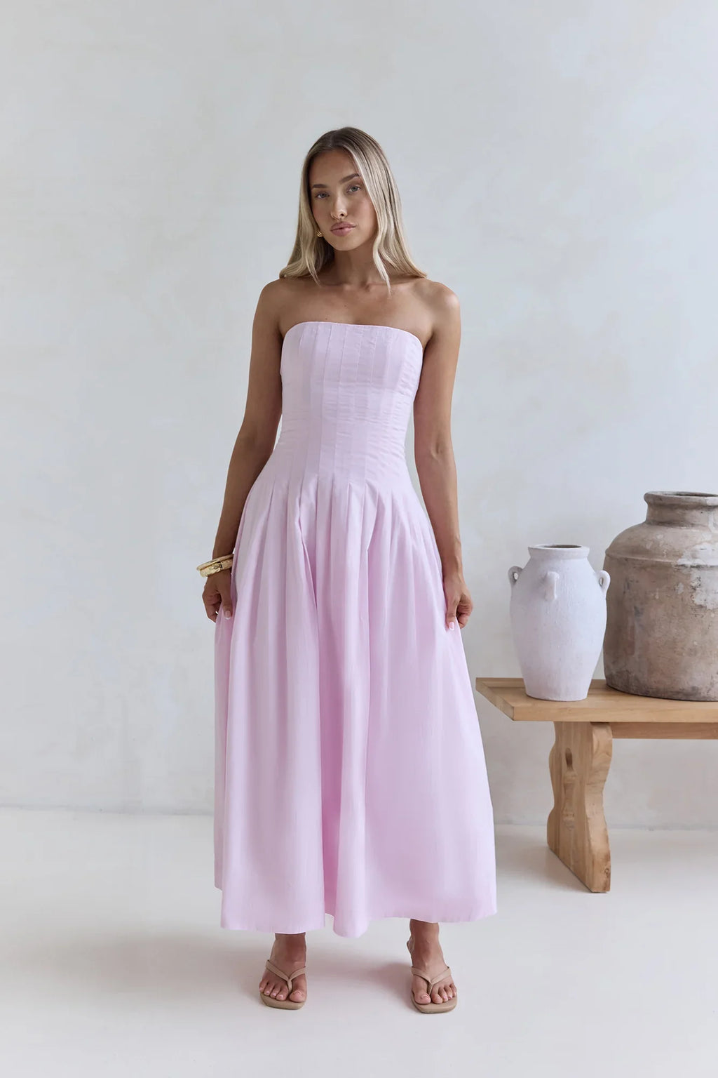 Sunshine Serenity Strapless Midi Dress Pink