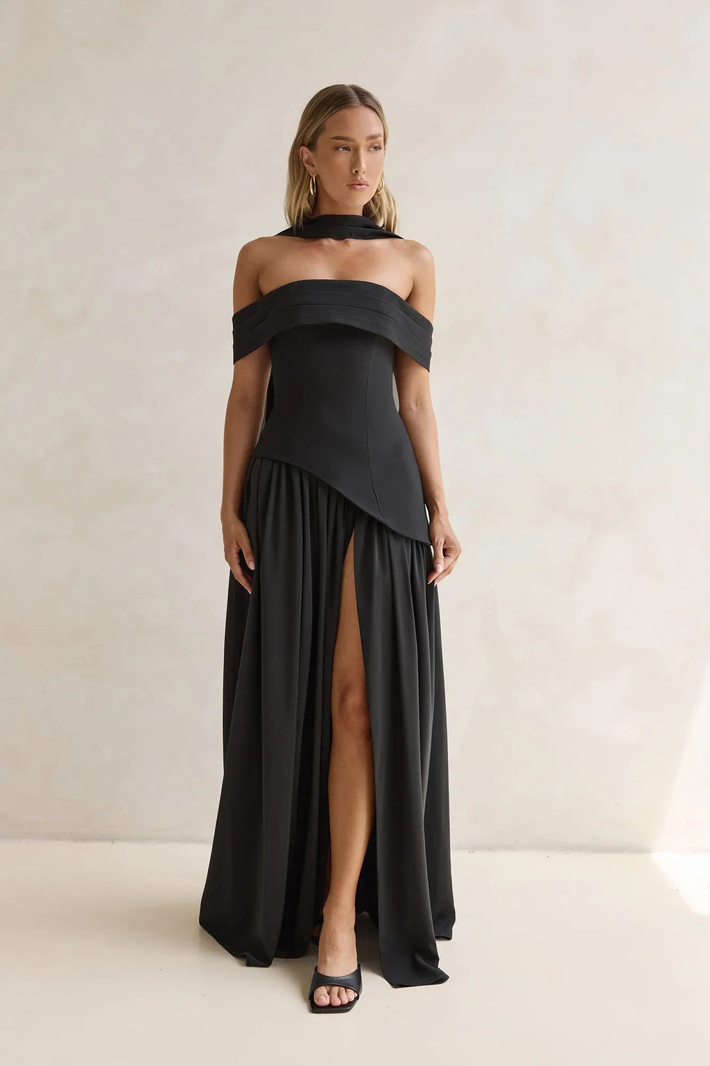 Midnight Elegance Off Shoulder Maxi Dress Black