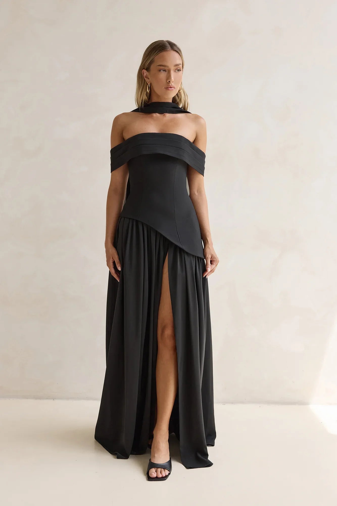 Midnight Elegance Off Shoulder Maxi Dress Black