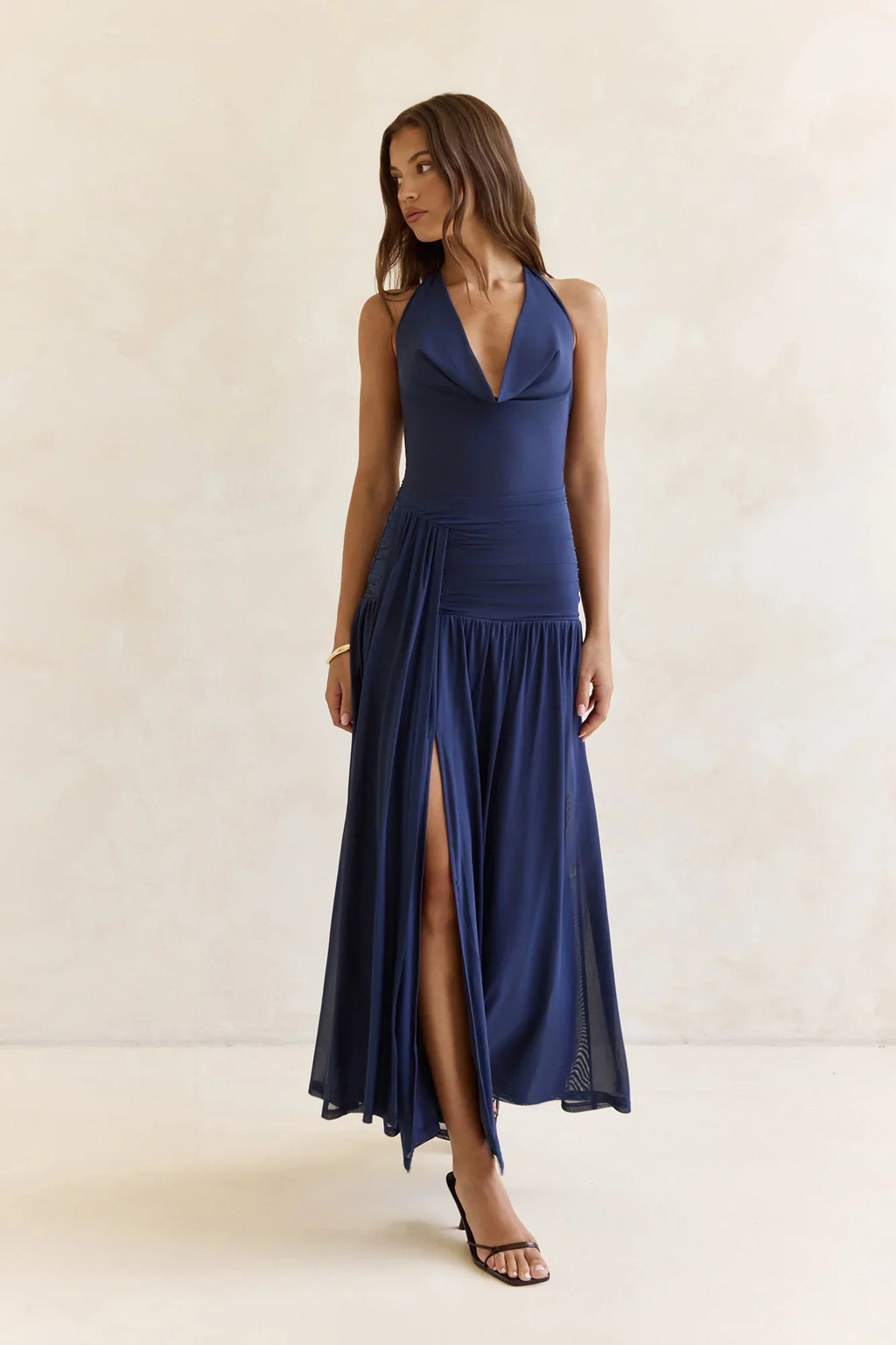 Dancing Skies Mesh Halter Maxi Dress Navy
