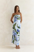 Bells Of Spring Satin Strapless Maxi Dress Blue