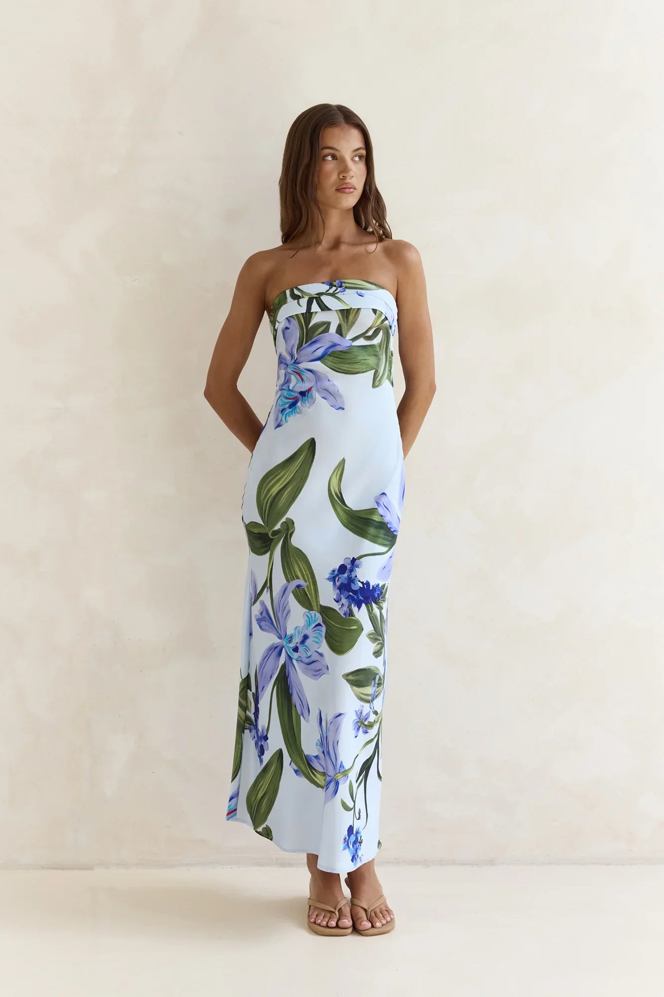 Bells Of Spring Satin Strapless Maxi Dress Blue