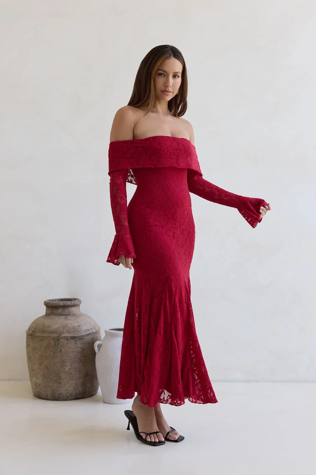 Here For Love Off Shoulder Mesh Maxi Dress Red