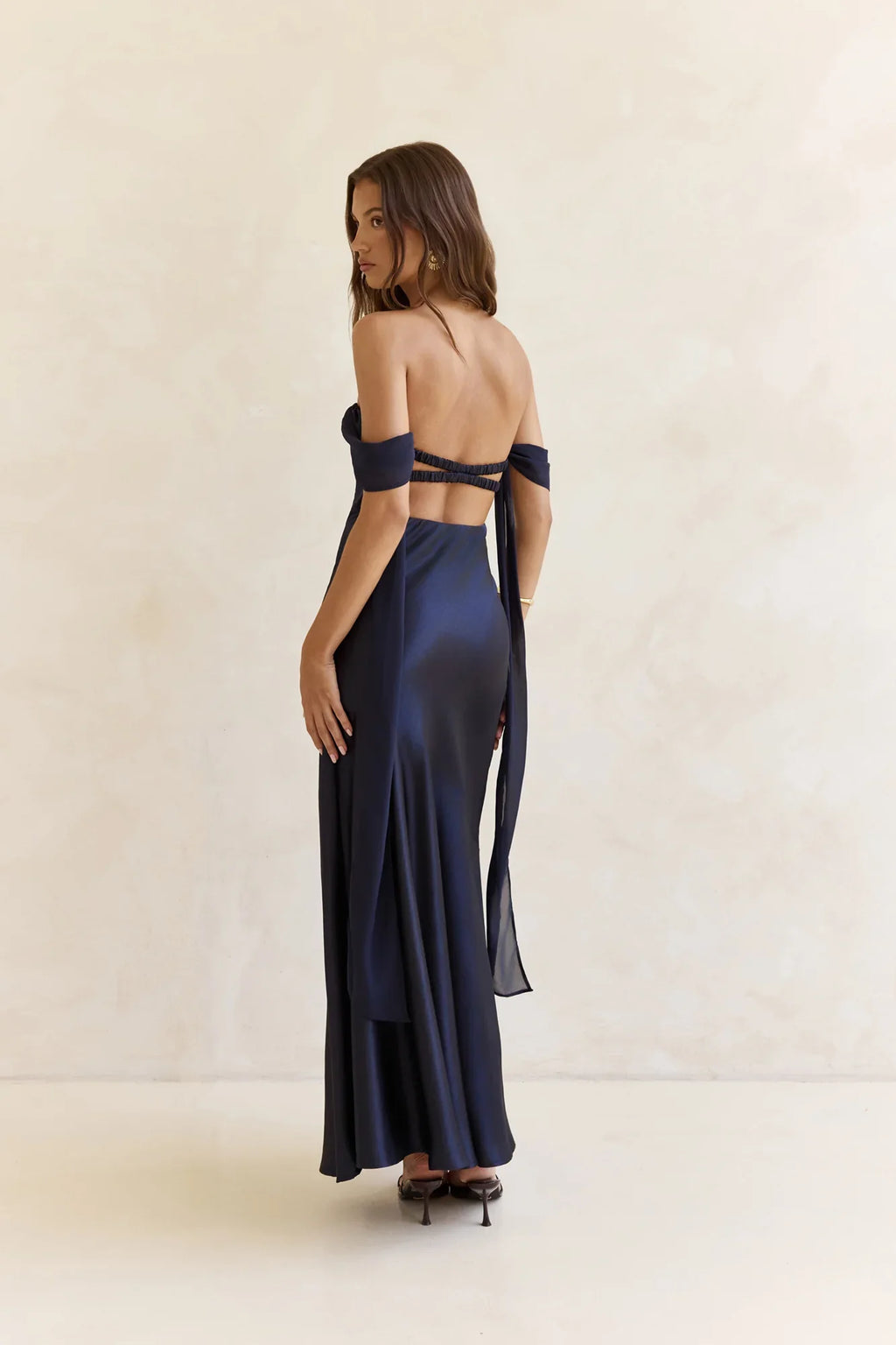 Late Night Dreams Off Shoulder Satin Maxi Dress Navy