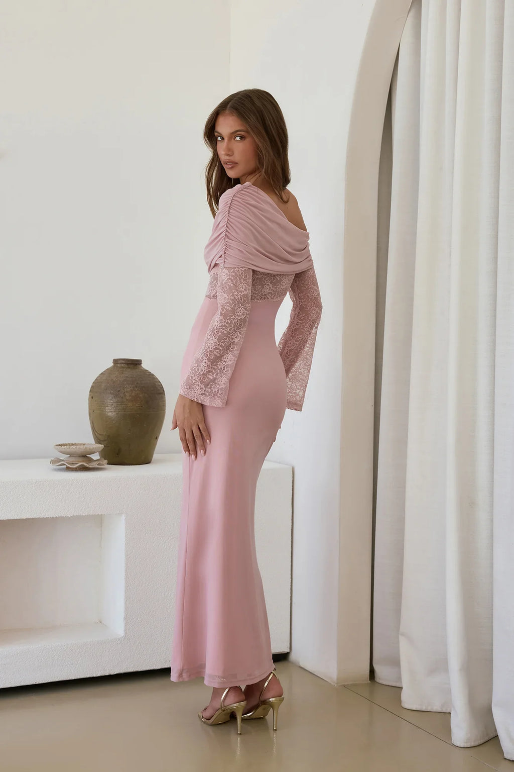 Camille Off Shoulder Mesh Maxi Dress Pink