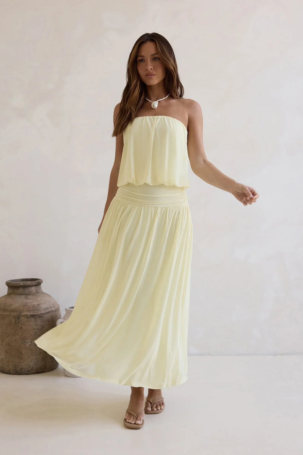 Calling Me Mesh Strapless Maxi Dress Yellow
