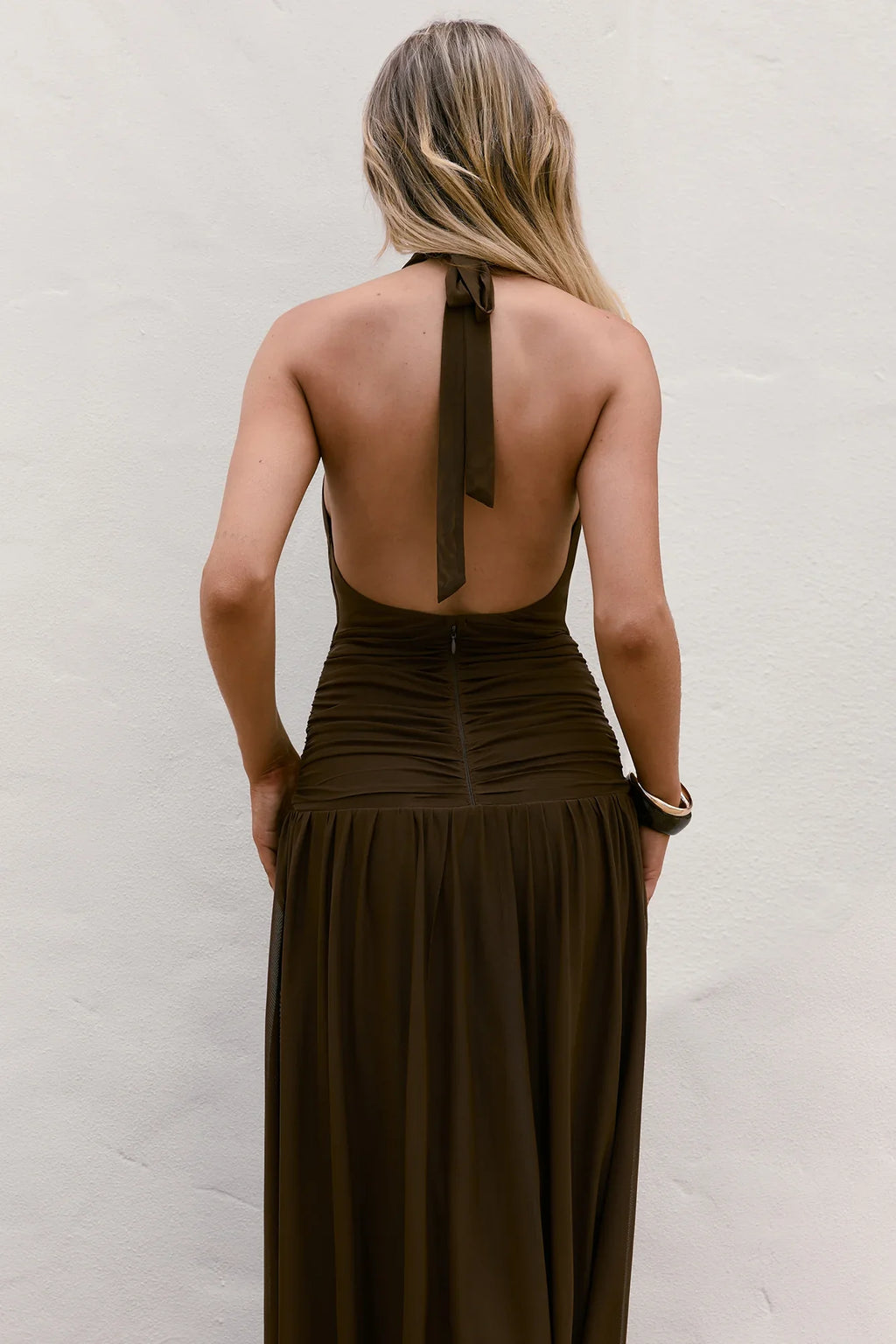 Robin Mesh Halter Maxi Dress Brown