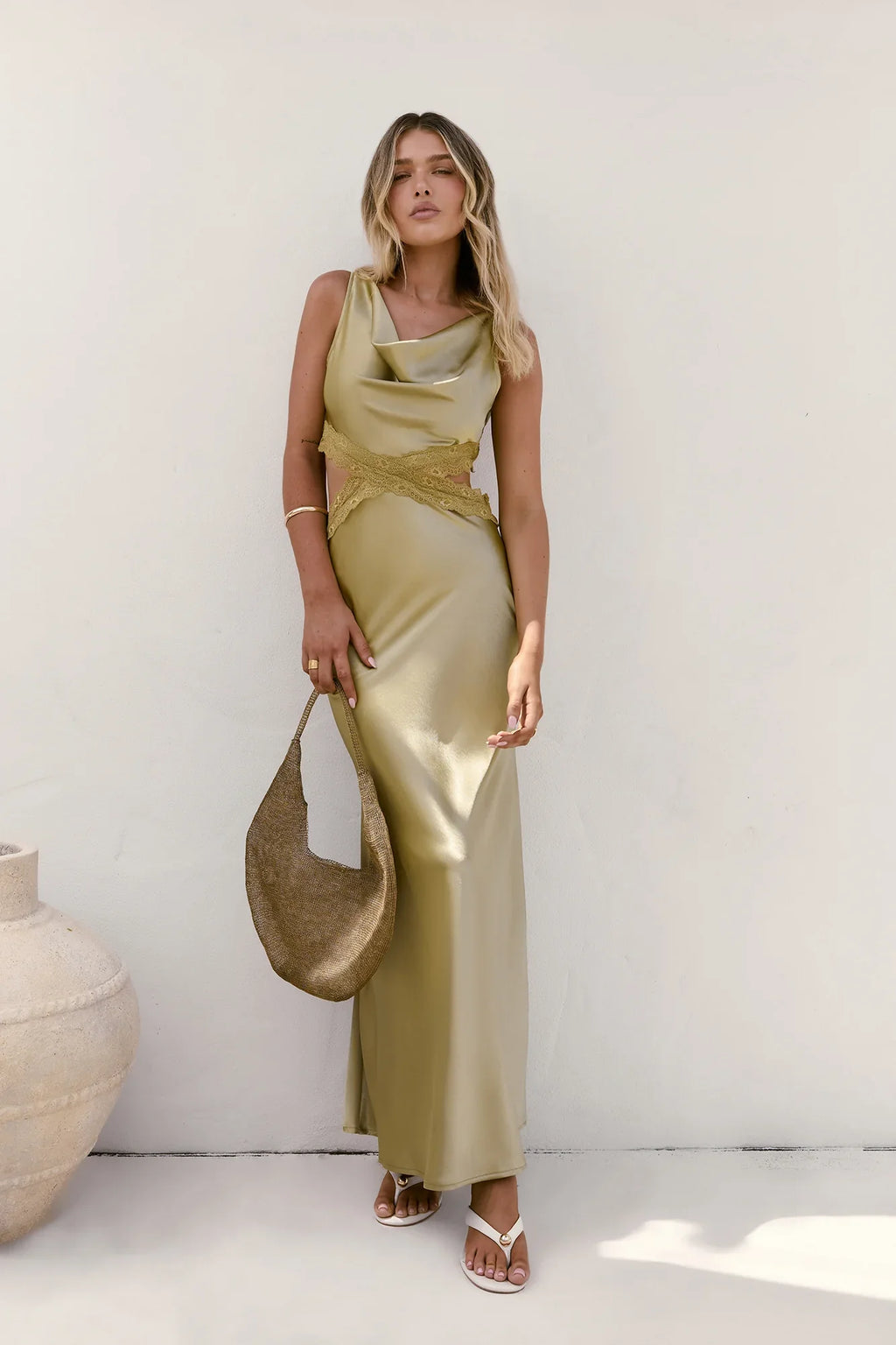 City Silhouettes Satin Maxi Dress Olive