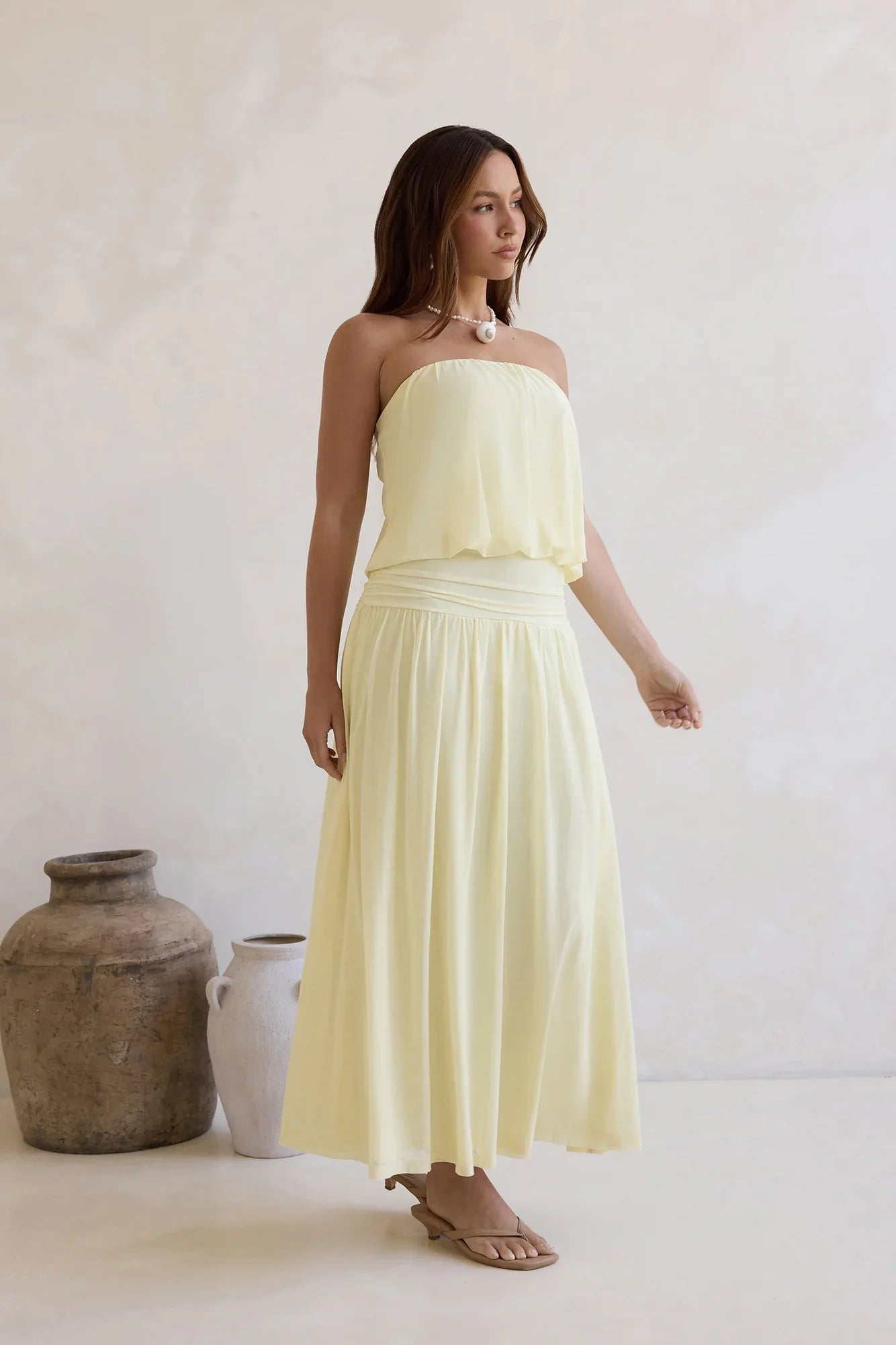Calling Me Mesh Strapless Maxi Dress Yellow