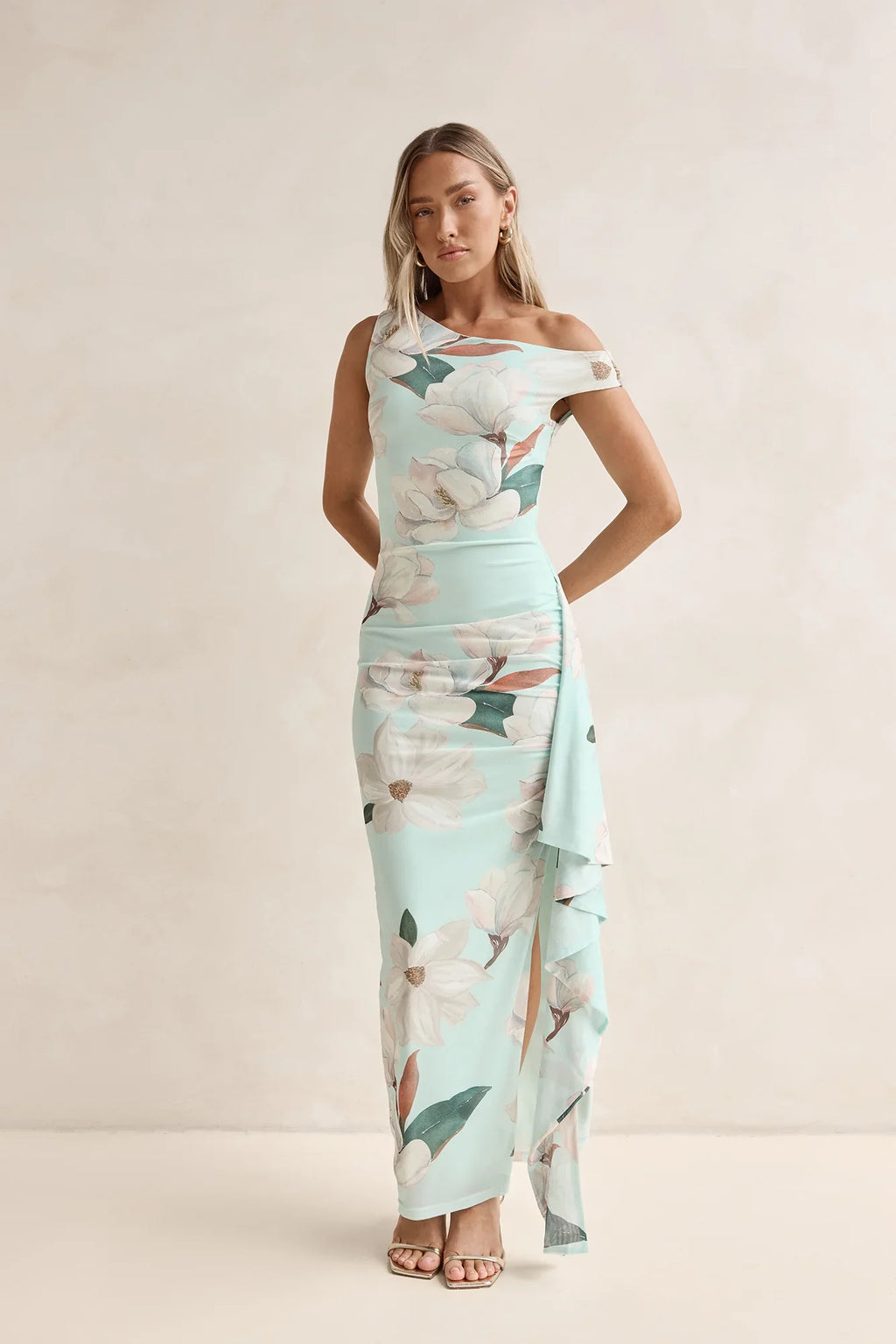 Case Of Flowers Off Shoulder Mesh Maxi Dress Mint