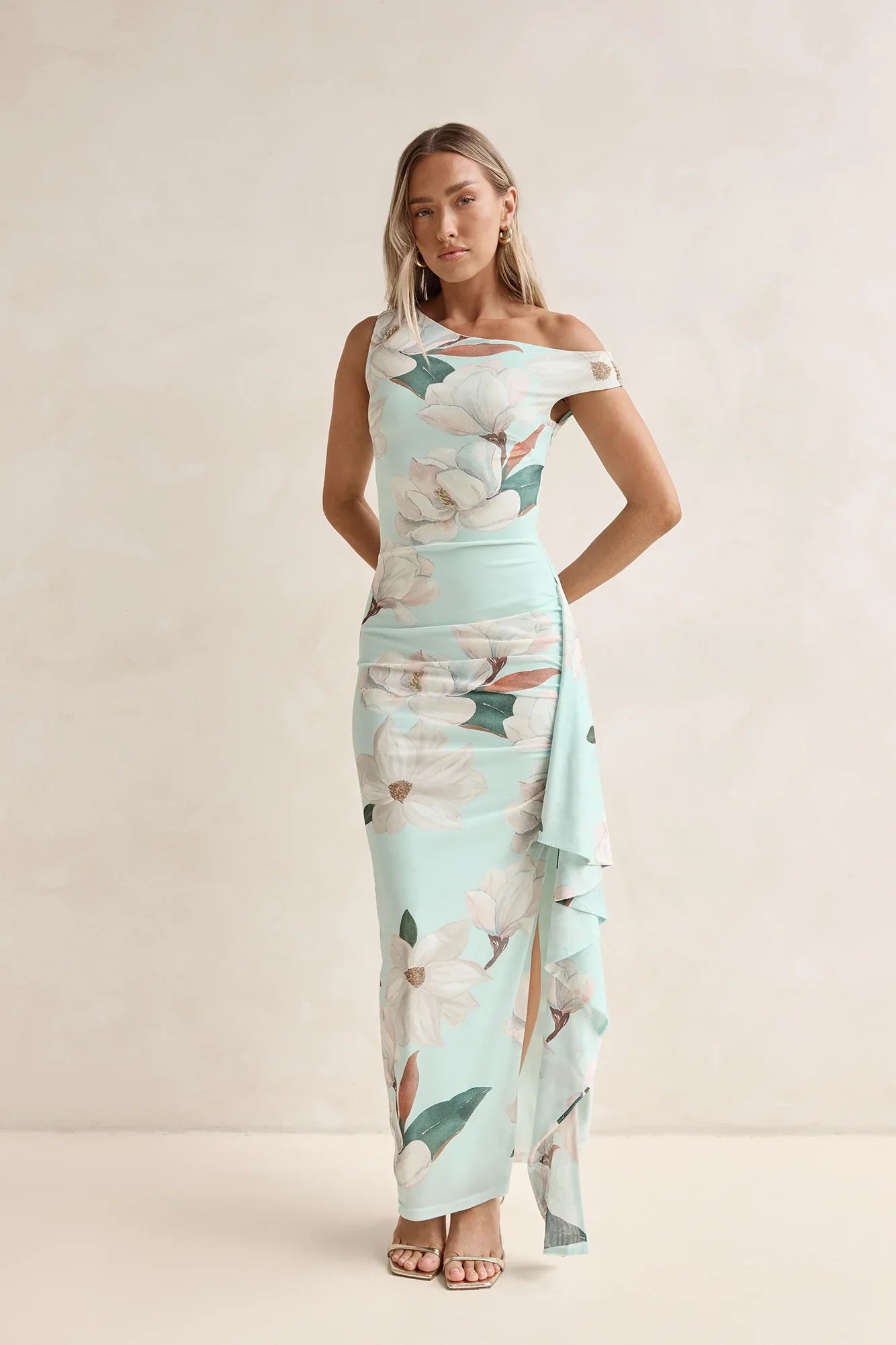 Case Of Flowers Off Shoulder Mesh Maxi Dress Mint