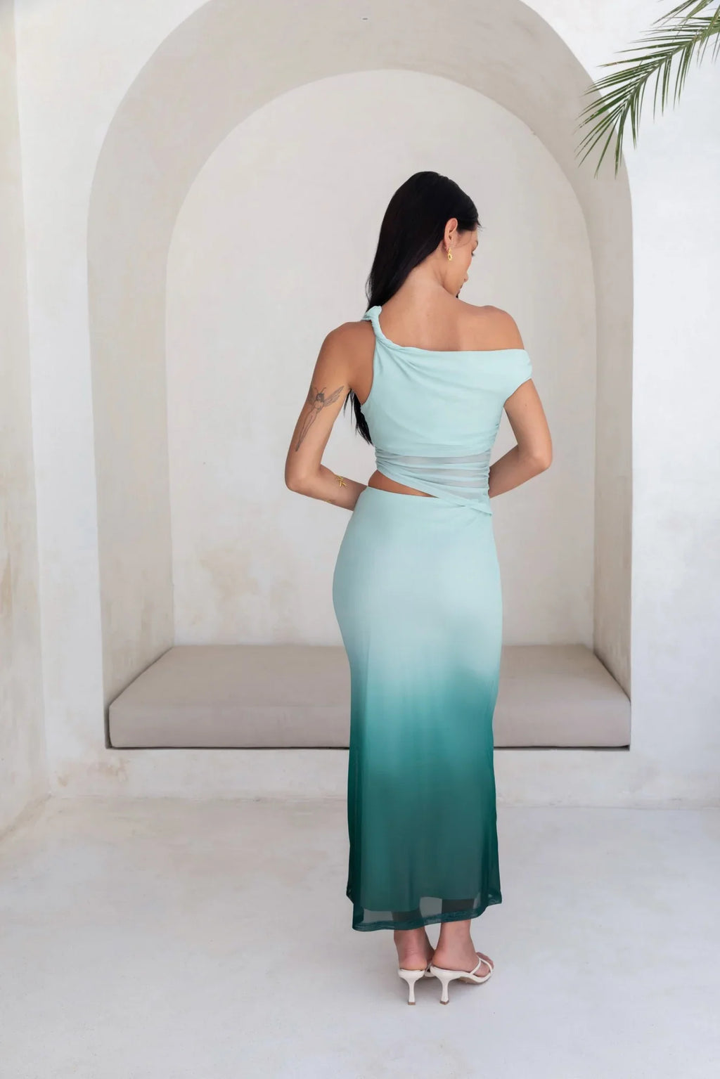 Soft Shades Off The Shoulder Mesh Maxi Dress Green