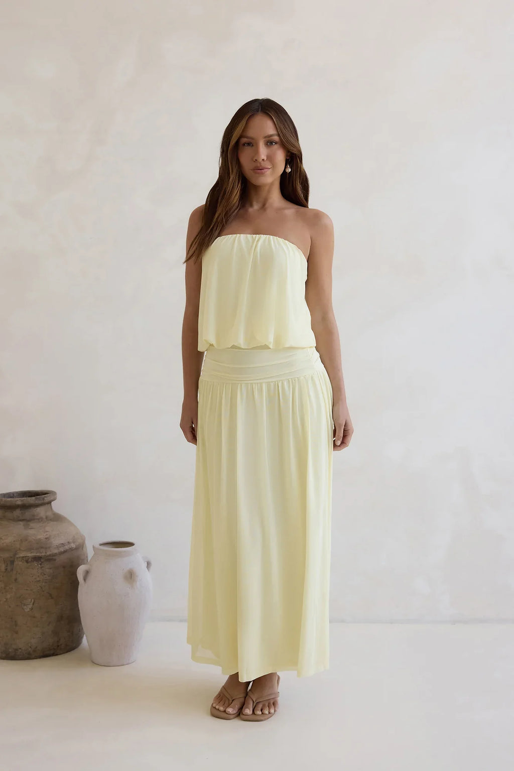 Calling Me Mesh Strapless Maxi Dress Yellow