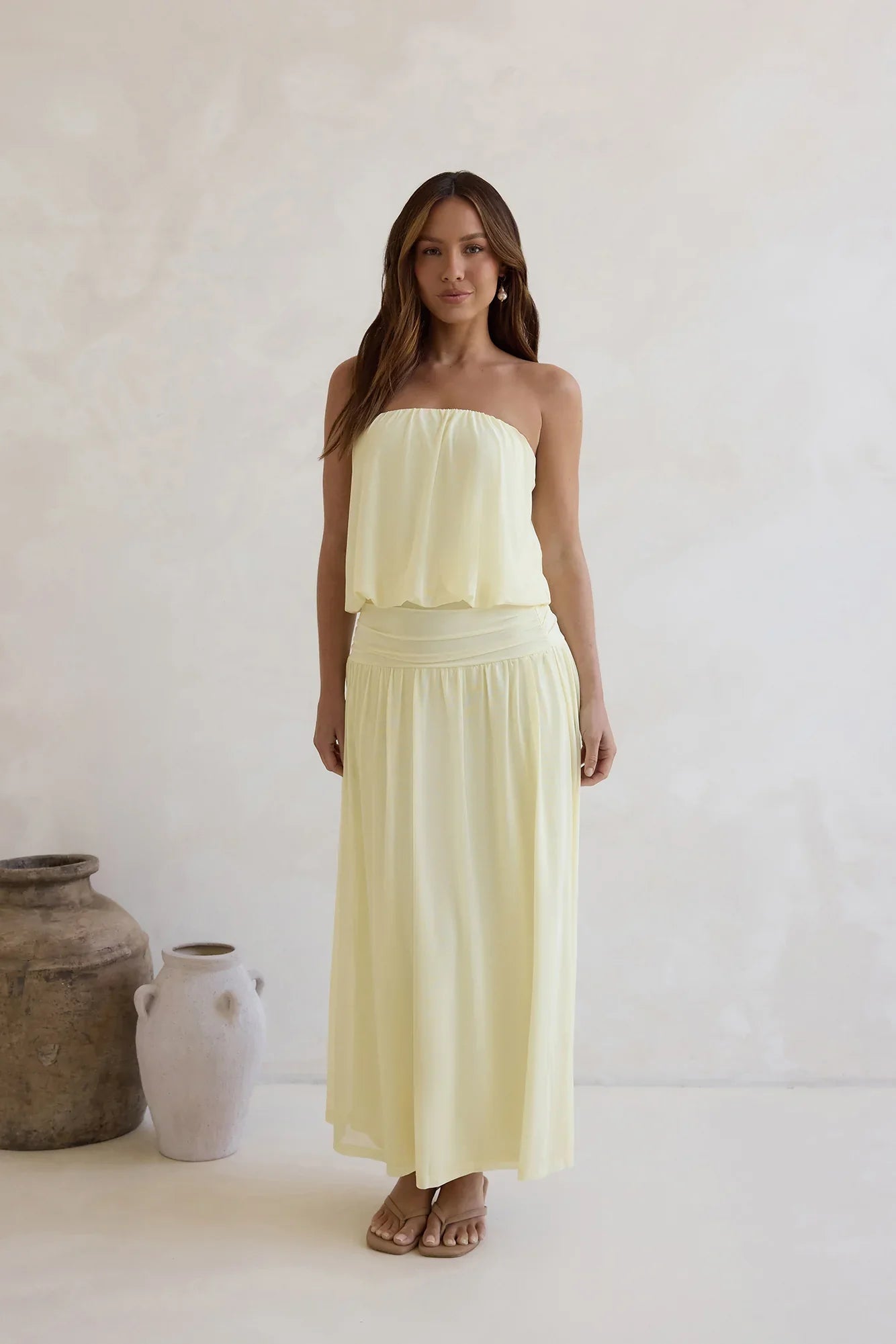 Calling Me Mesh Strapless Maxi Dress Yellow