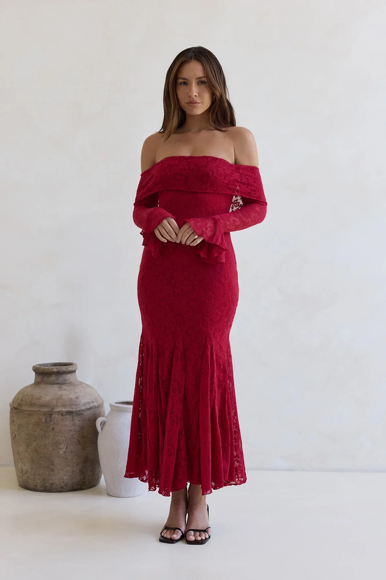 Here For Love Off Shoulder Mesh Maxi Dress Red